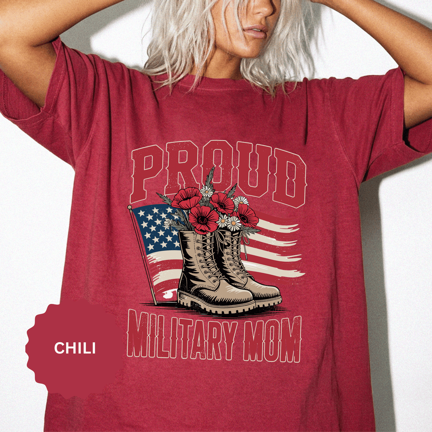Proud Military Mom Shirt, Patriotic Army Mom T Shirt, Boots and Flowers Graphic Tee, American Flag Family Support Gift