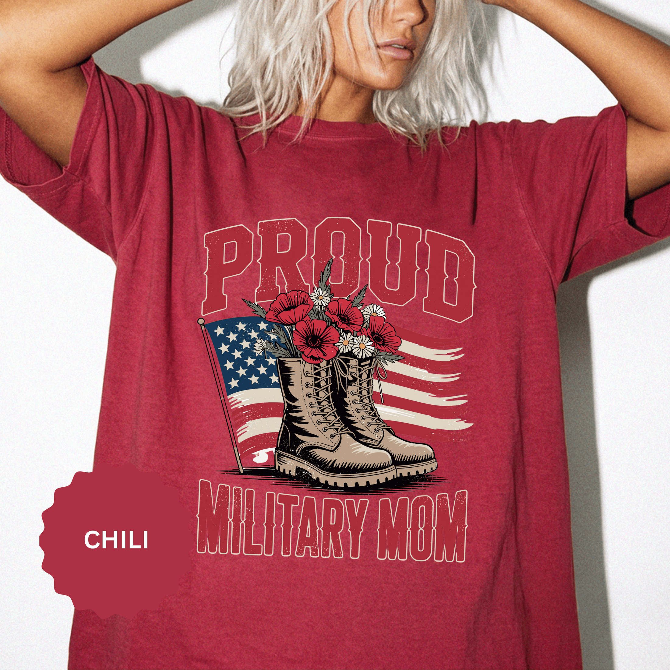 Proud Military Mom Shirt, Patriotic Army Mom T Shirt, Boots and Flowers Graphic Tee, American Flag Family Support Gift