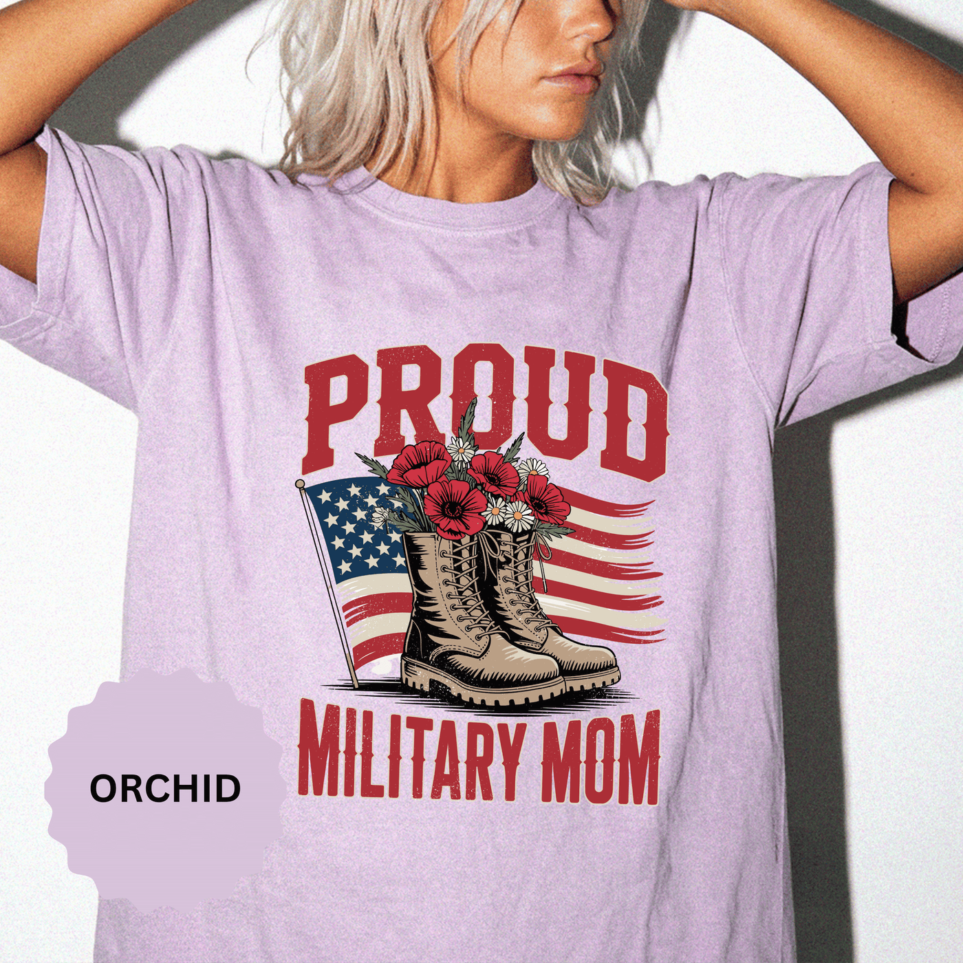 Proud Military Mom Shirt, Patriotic Army Mom T Shirt, Boots and Flowers Graphic Tee, American Flag Family Support Gift