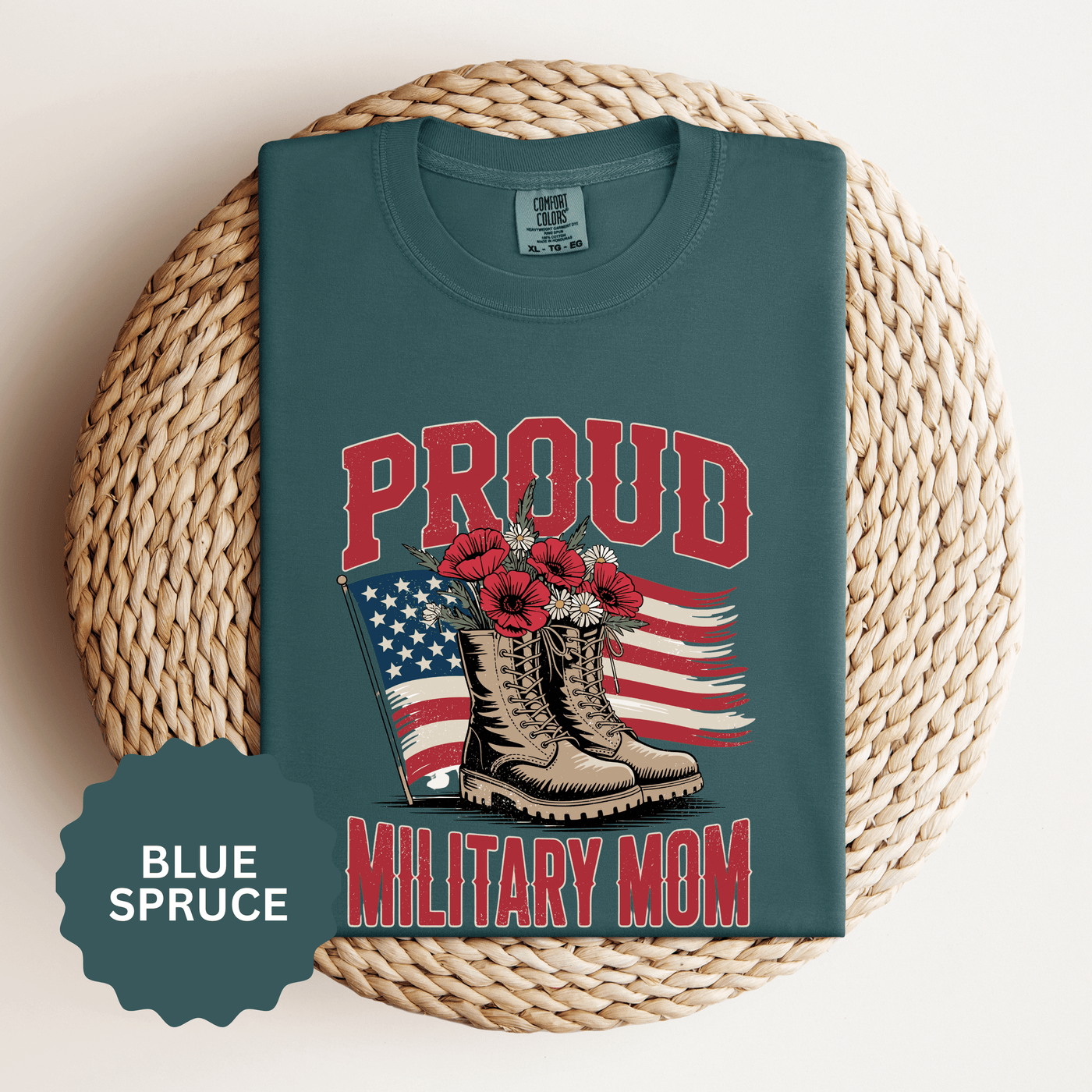 Proud Military Mom Shirt, Patriotic Army Mom T Shirt, Boots and Flowers Graphic Tee, American Flag Family Support Gift