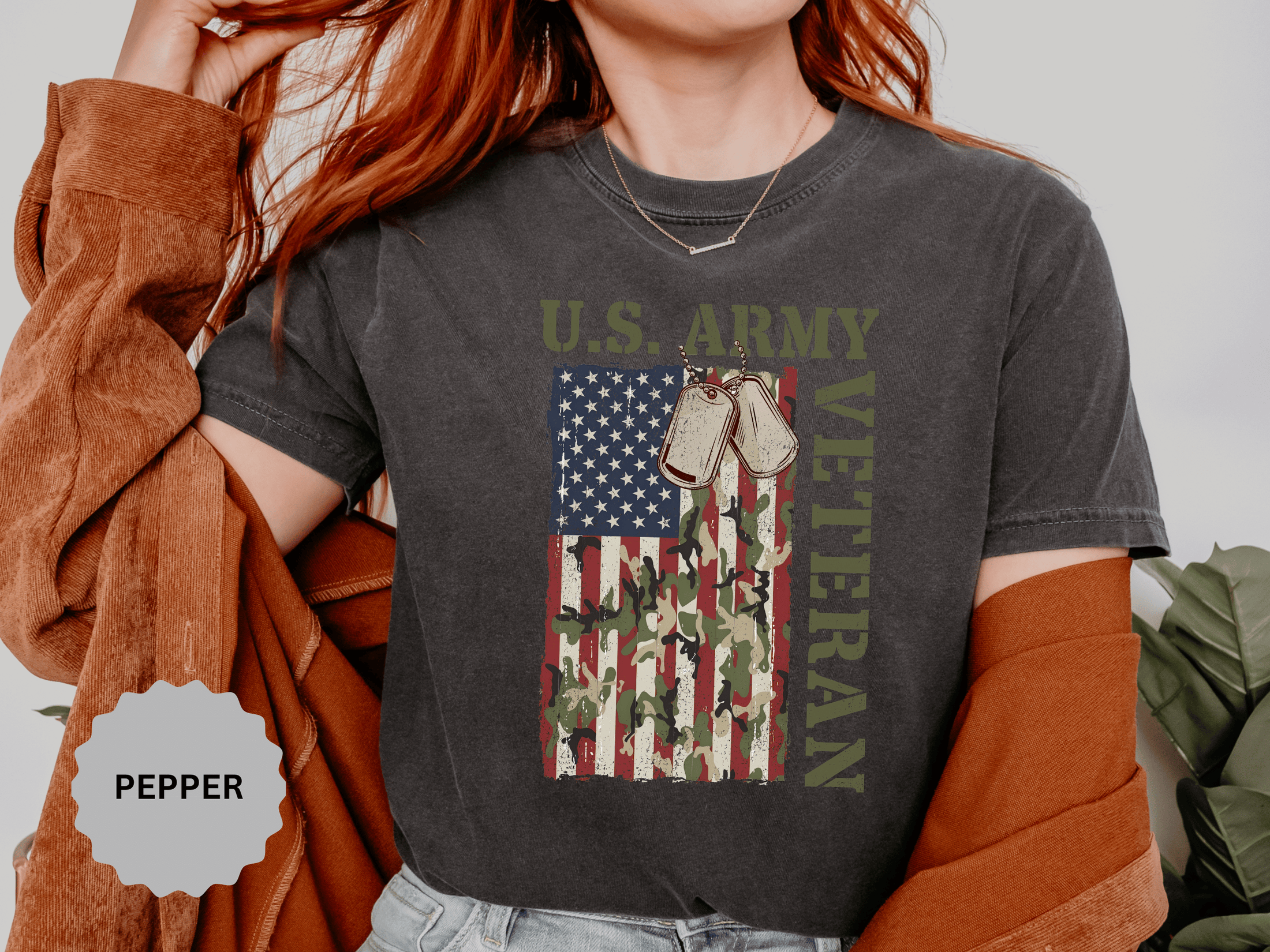 US Army Veteran Shirt, American Flag Camo T-Shirt, Military Dog Tag Tee, Patriotic Gift for Soldier, Retirement or Veterans Day Top