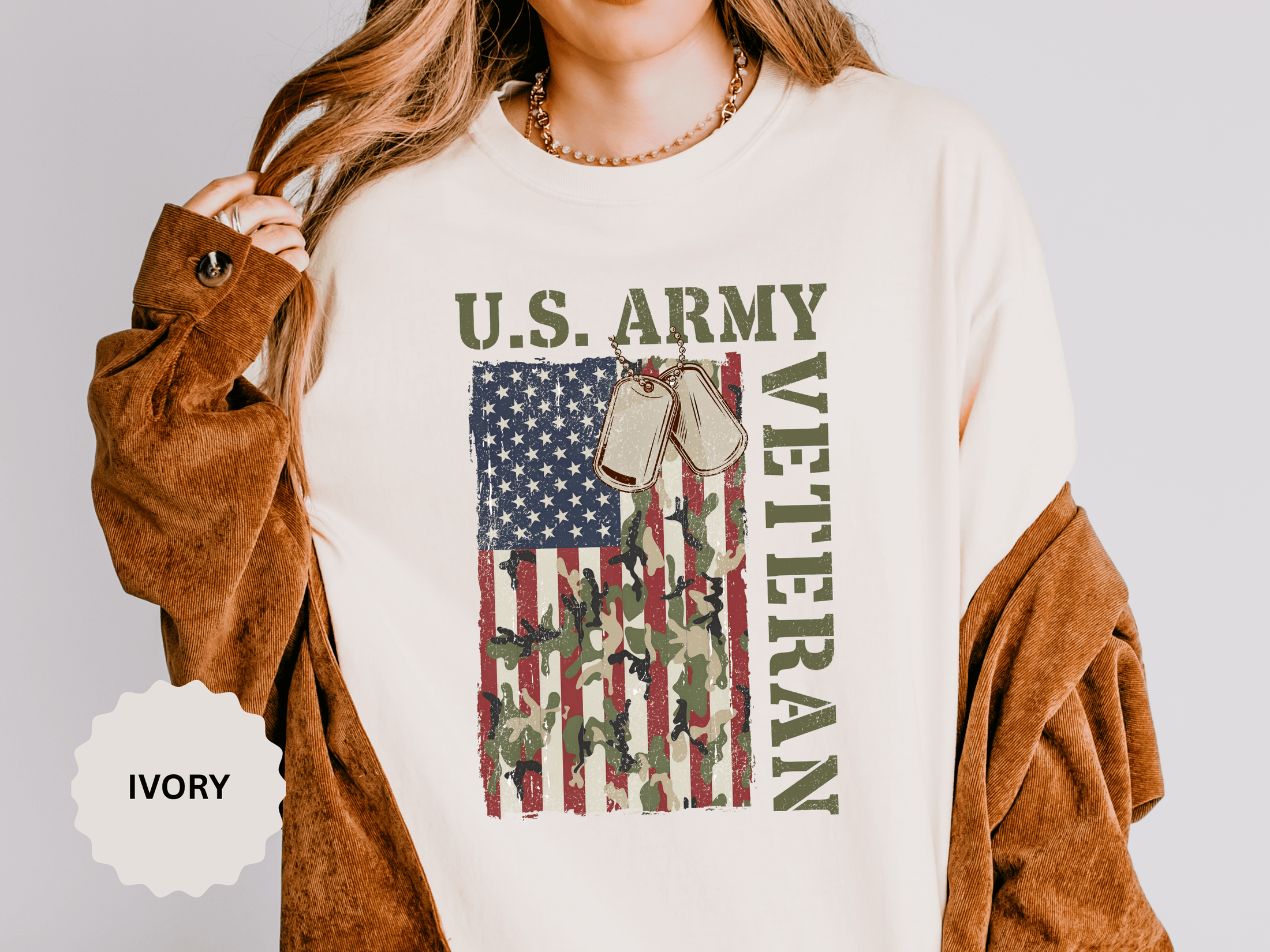 US Army Veteran Shirt, American Flag Camo T-Shirt, Military Dog Tag Tee, Patriotic Gift for Soldier, Retirement or Veterans Day Top