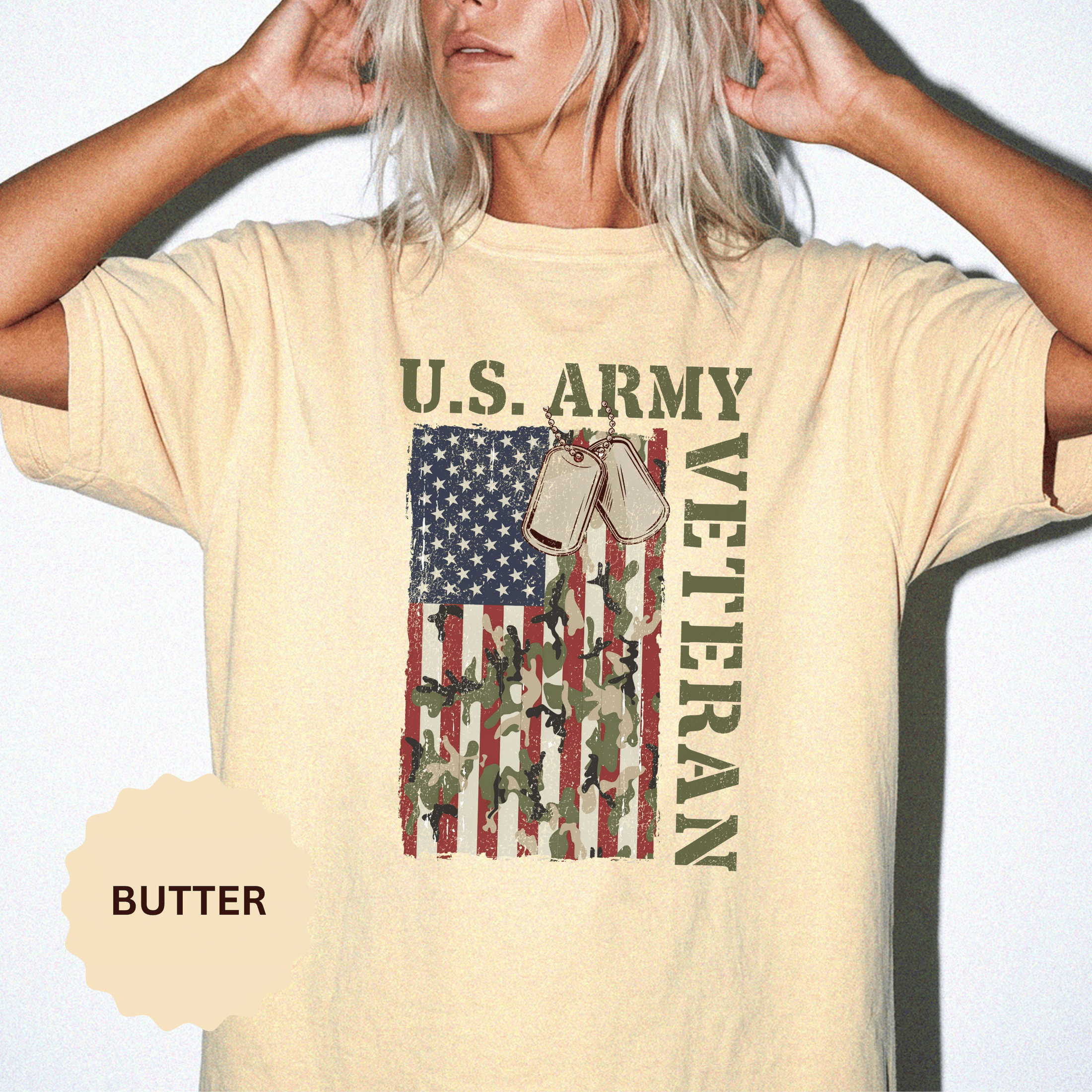 US Army Veteran Shirt, American Flag Camo T-Shirt, Military Dog Tag Tee, Patriotic Gift for Soldier, Retirement or Veterans Day Top