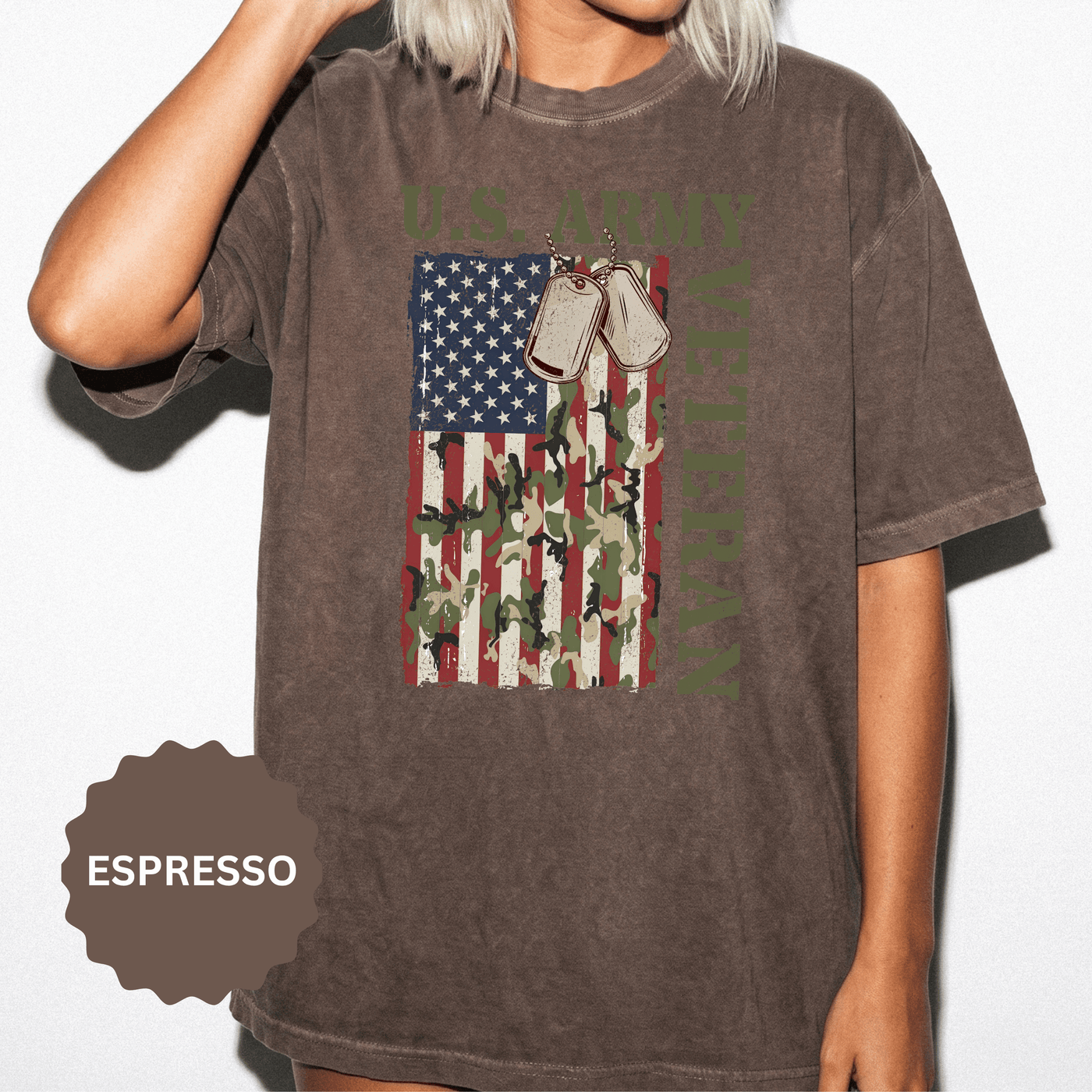 US Army Veteran Shirt, American Flag Camo T-Shirt, Military Dog Tag Tee, Patriotic Gift for Soldier, Retirement or Veterans Day Top