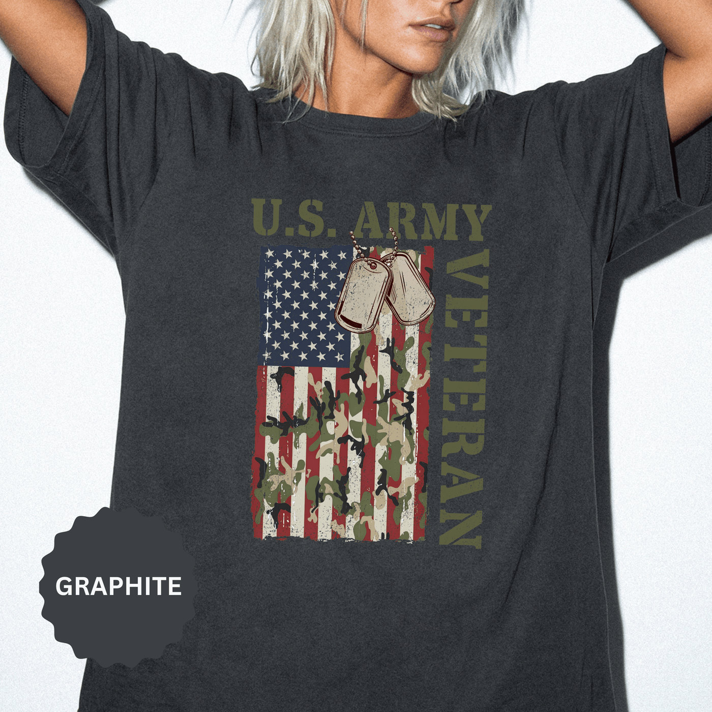 US Army Veteran Shirt, American Flag Camo T-Shirt, Military Dog Tag Tee, Patriotic Gift for Soldier, Retirement or Veterans Day Top