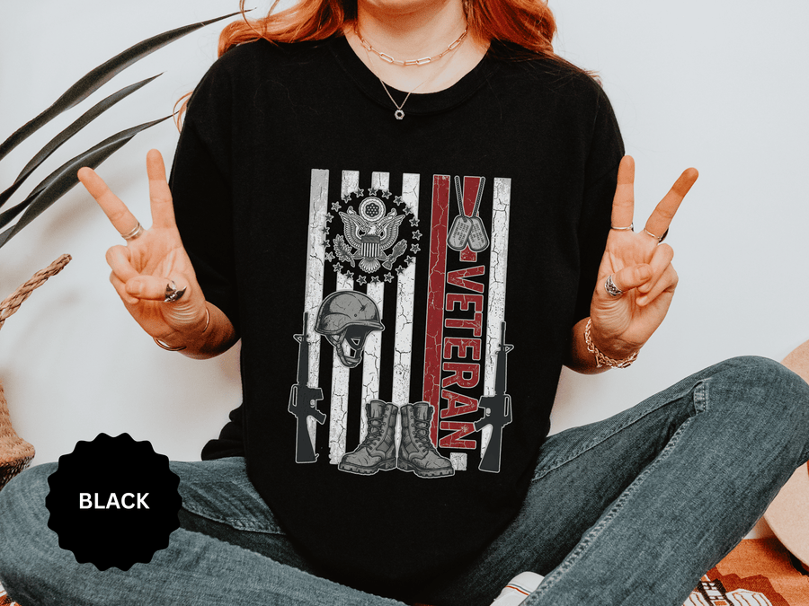 US Veteran Shirt, Patriotic Military T-Shirt with Helmet Boots and Dog Tags, Army Retirement Gift, Veterans Day Tee for Service Member