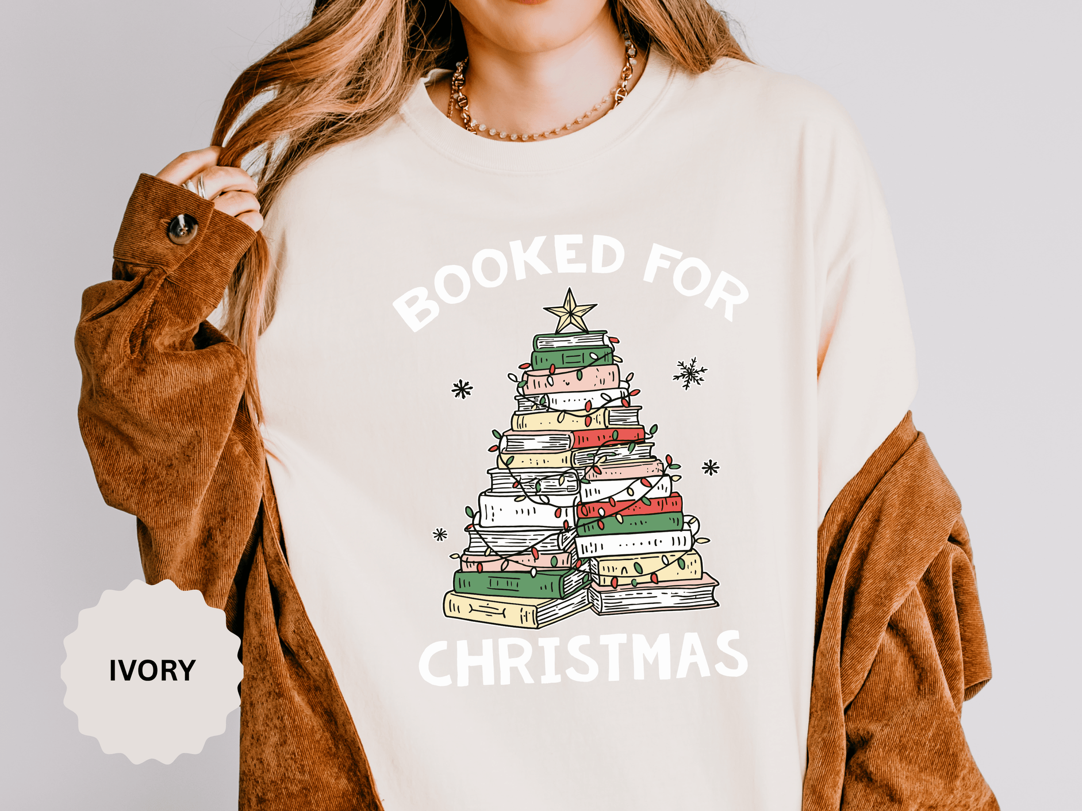 Booked for Christmas Shirt, Book Lover Holiday T-Shirt, Christmas Tree Books Tee, Cozy Reading Gift for Librarian, Teacher or Bookworm