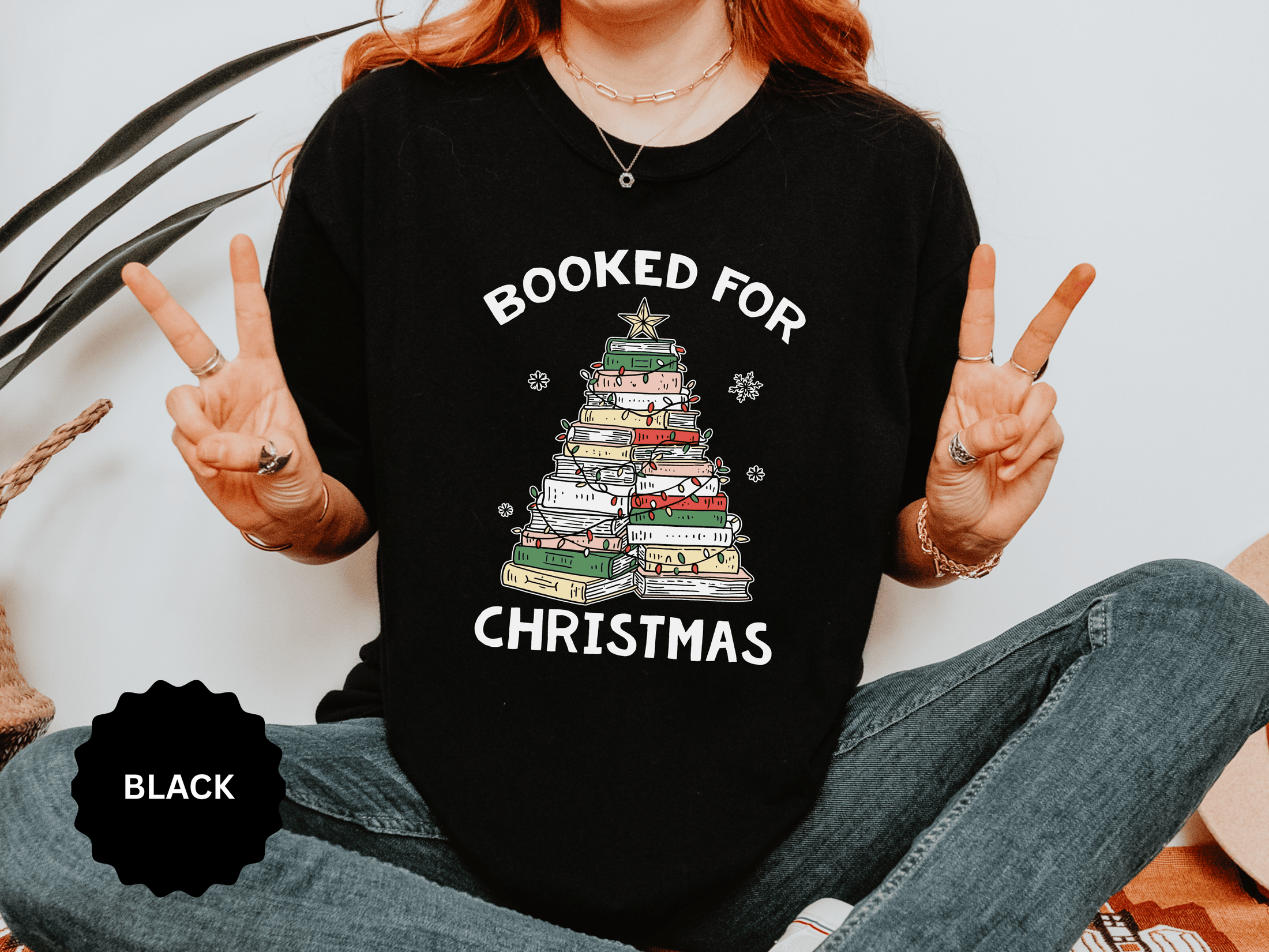 Booked for Christmas Shirt, Book Lover Holiday T-Shirt, Christmas Tree Books Tee, Cozy Reading Gift for Librarian, Teacher or Bookworm