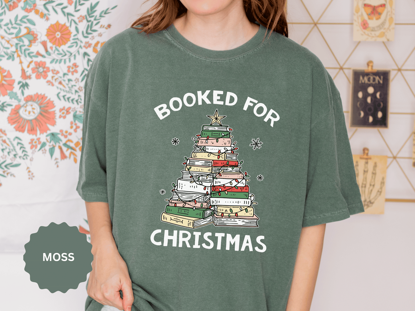 Booked for Christmas Shirt, Book Lover Holiday T-Shirt, Christmas Tree Books Tee, Cozy Reading Gift for Librarian, Teacher or Bookworm