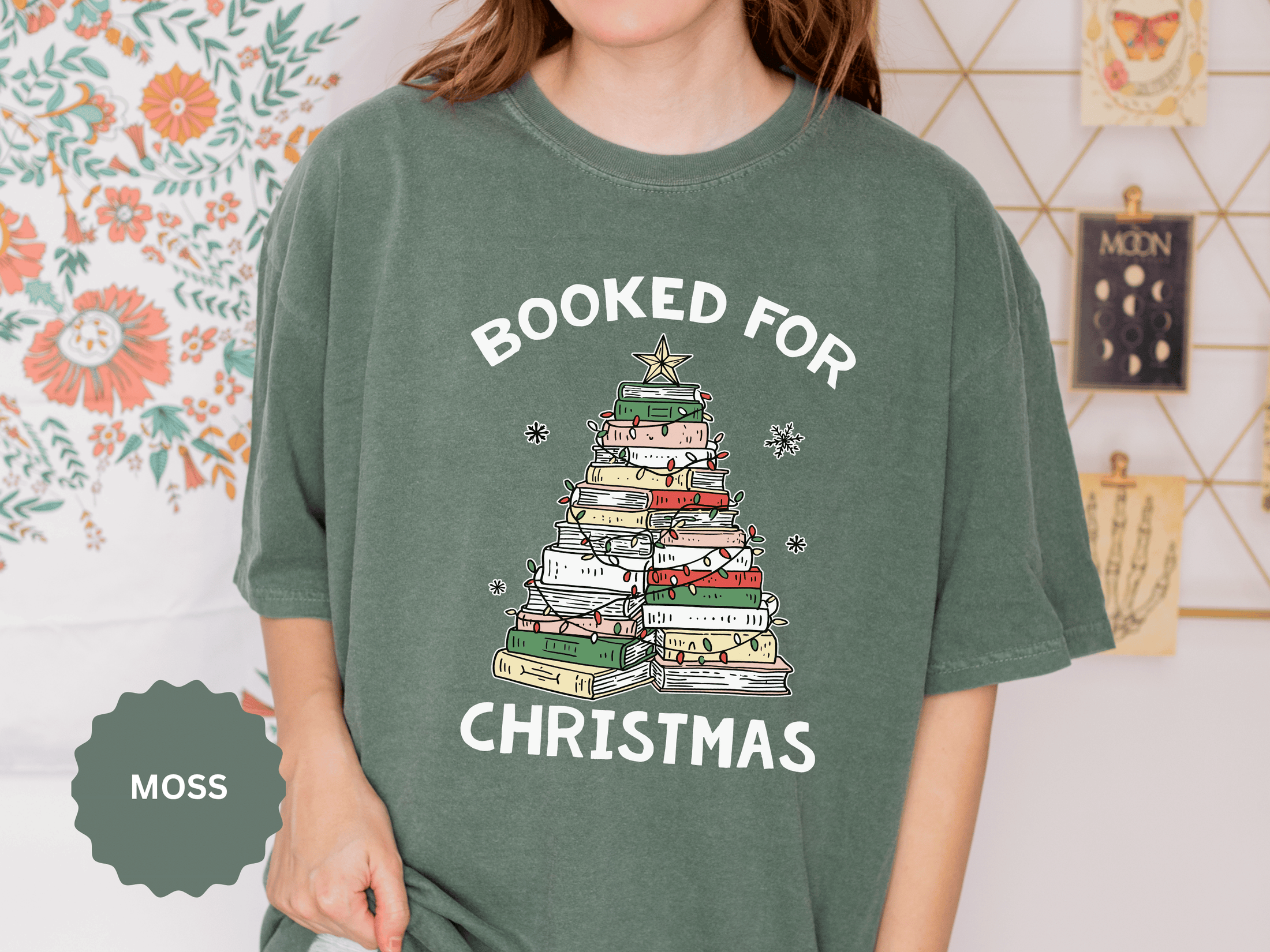 Booked for Christmas Shirt, Book Lover Holiday T-Shirt, Christmas Tree Books Tee, Cozy Reading Gift for Librarian, Teacher or Bookworm
