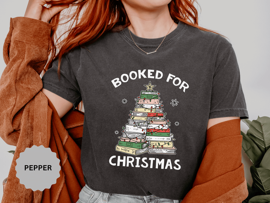 Booked for Christmas Shirt, Book Lover Holiday T-Shirt, Christmas Tree Books Tee, Cozy Reading Gift for Librarian, Teacher or Bookworm