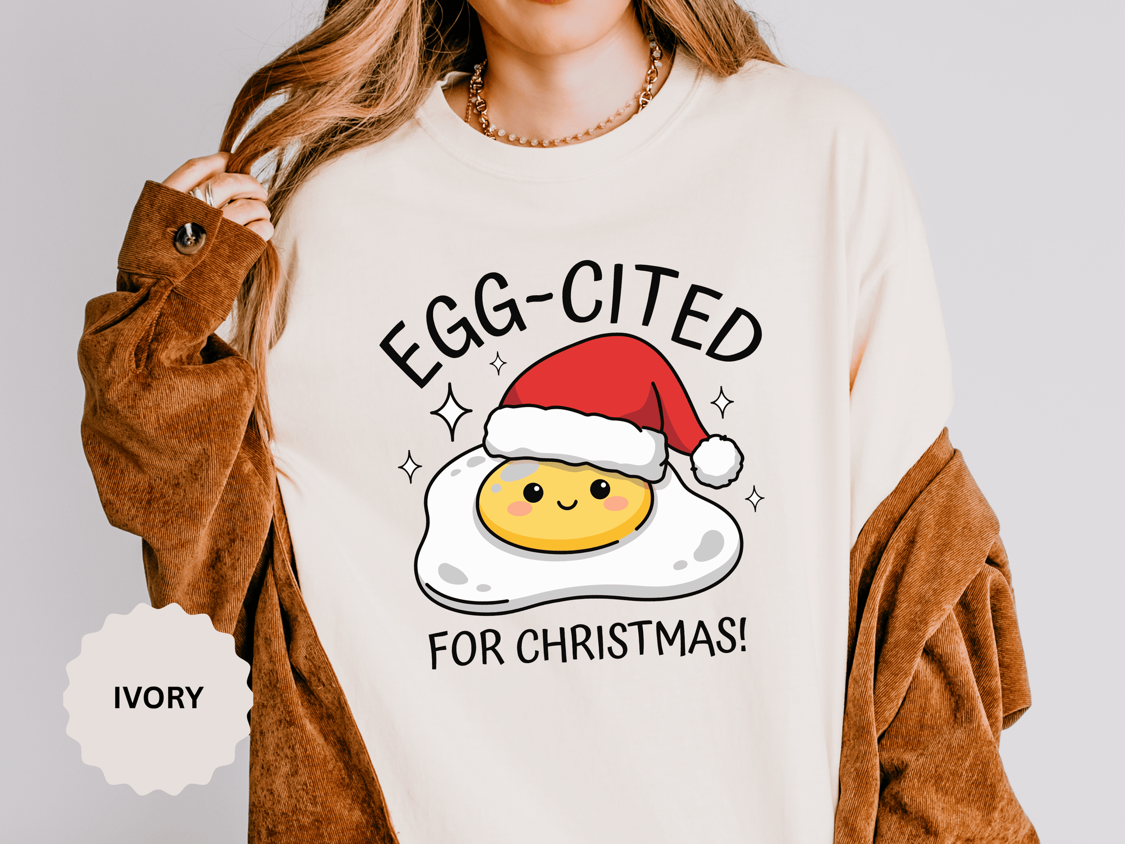 Egg-Cited for Christmas Shirt, Funny Fried Egg T-Shirt, Cute Food Pun Holiday Tee, Christmas Breakfast Gift for Brunch Lover or Cook
