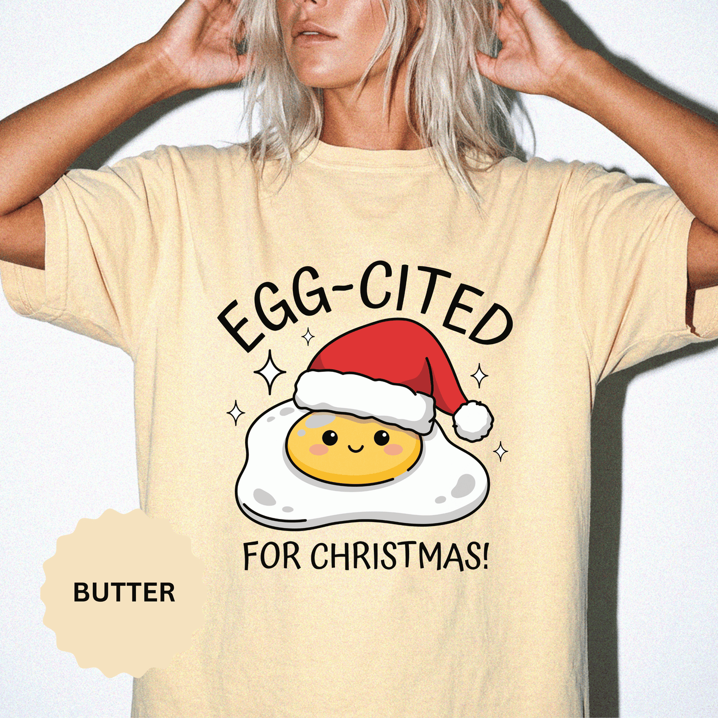 Egg-Cited for Christmas Shirt, Funny Fried Egg T-Shirt, Cute Food Pun Holiday Tee, Christmas Breakfast Gift for Brunch Lover or Cook
