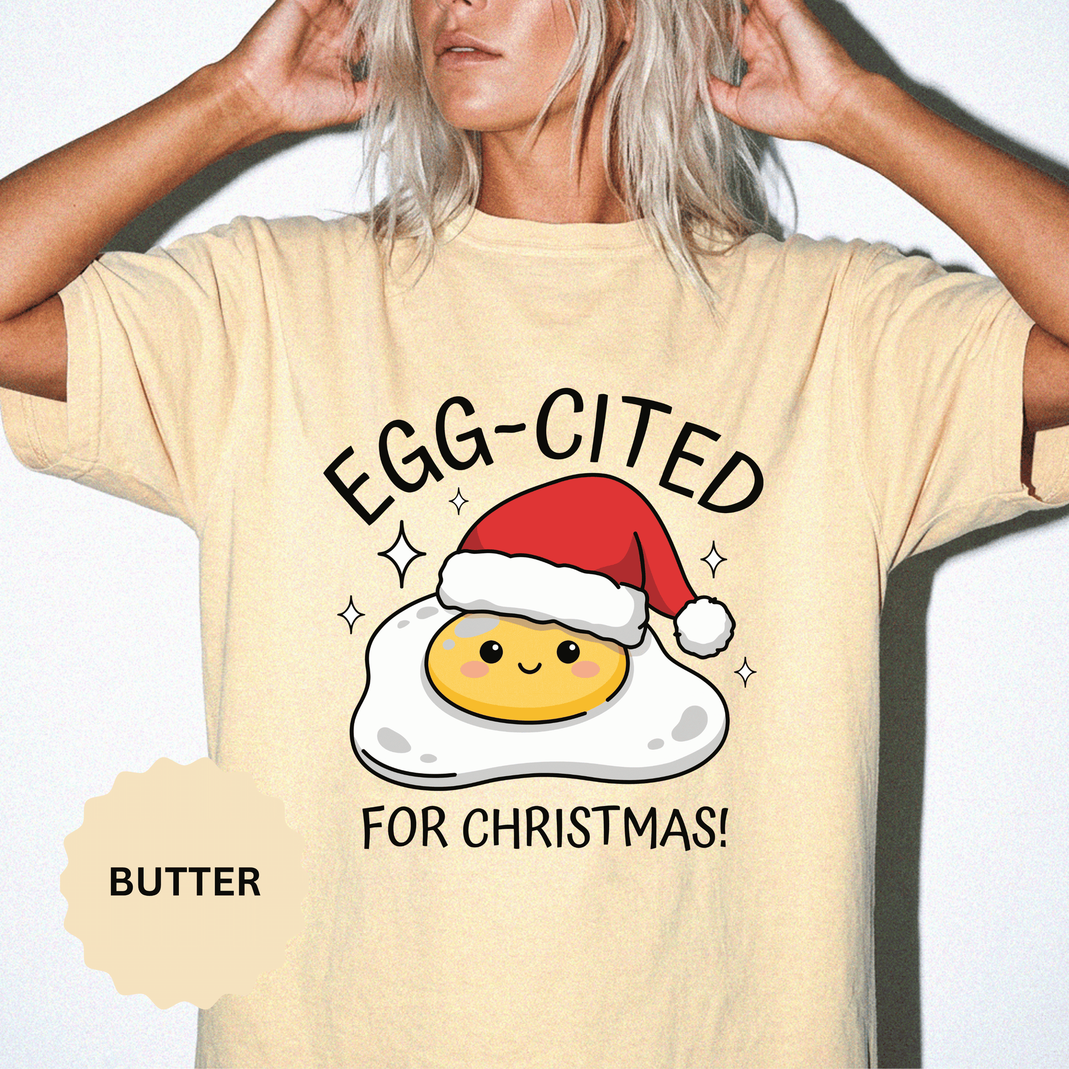 Egg-Cited for Christmas Shirt, Funny Fried Egg T-Shirt, Cute Food Pun Holiday Tee, Christmas Breakfast Gift for Brunch Lover or Cook