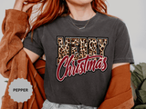 Merry Christmas Leopard Print Shirt, Trendy Holiday T-Shirt, Cheetah Lettering Xmas Tee, Festive Gift for Women, Mom, Teacher or Friend