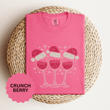 Christmas Wine Glass Shirt, Rhinestone Style Santa Hat T-Shirt, Sparkly Holiday Party Tee, Gift for Wine Lover or Girls Christmas Night