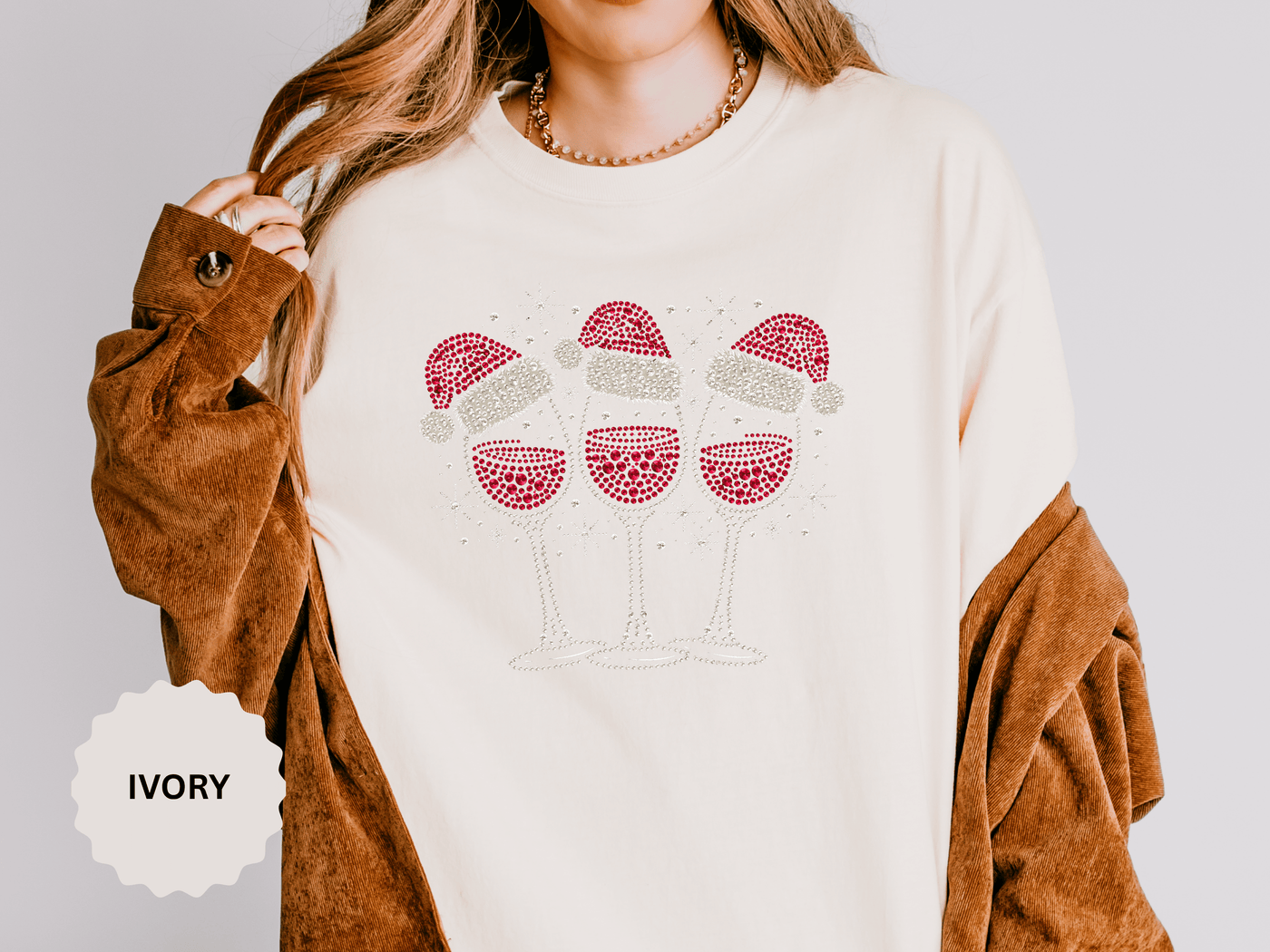 Christmas Wine Glass Shirt, Rhinestone Style Santa Hat T-Shirt, Sparkly Holiday Party Tee, Gift for Wine Lover or Girls Christmas Night