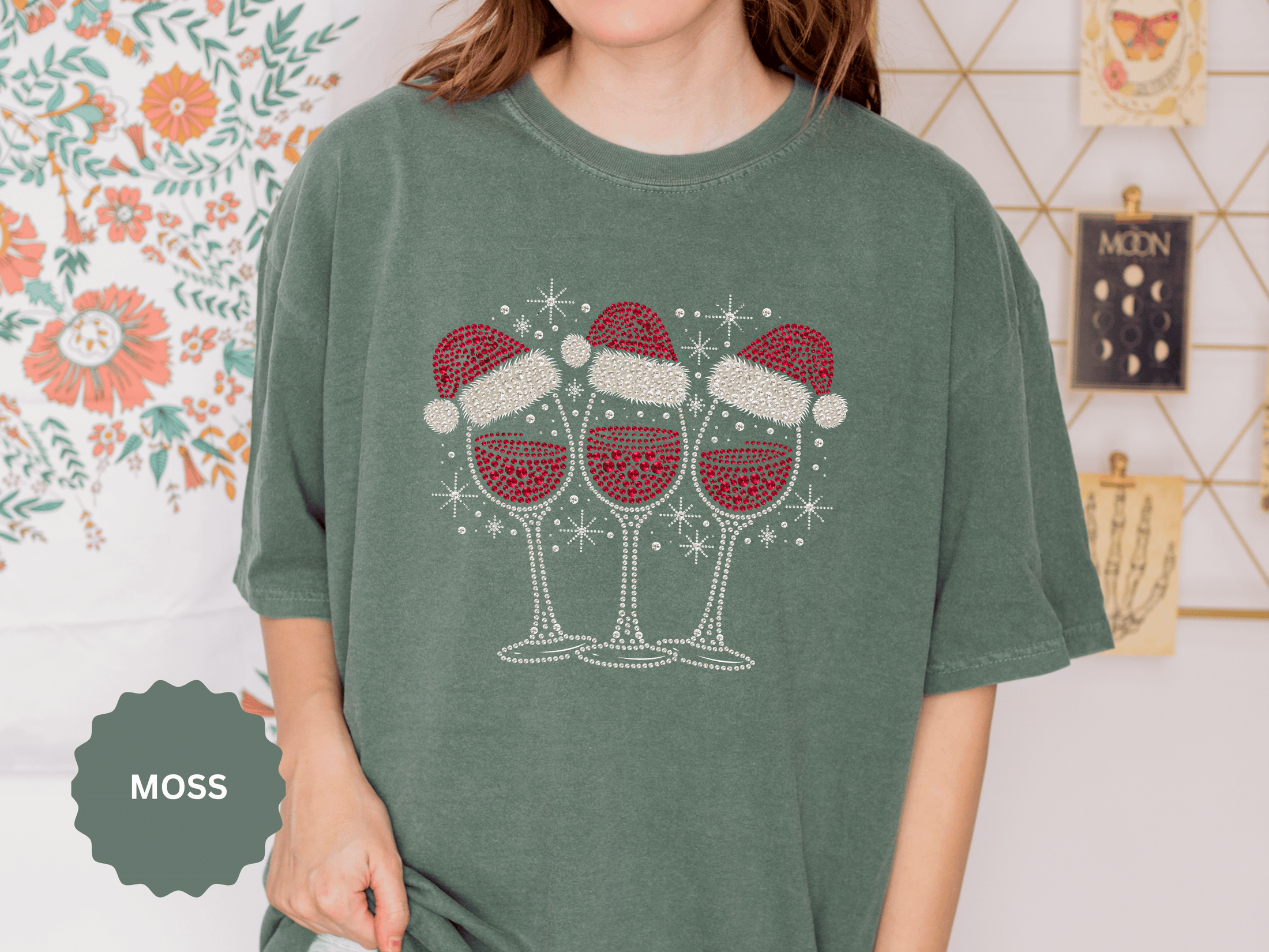 Christmas Wine Glass Shirt, Rhinestone Style Santa Hat T-Shirt, Sparkly Holiday Party Tee, Gift for Wine Lover or Girls Christmas Night