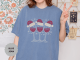 Christmas Wine Glass Shirt, Rhinestone Style Santa Hat T-Shirt, Sparkly Holiday Party Tee, Gift for Wine Lover or Girls Christmas Night