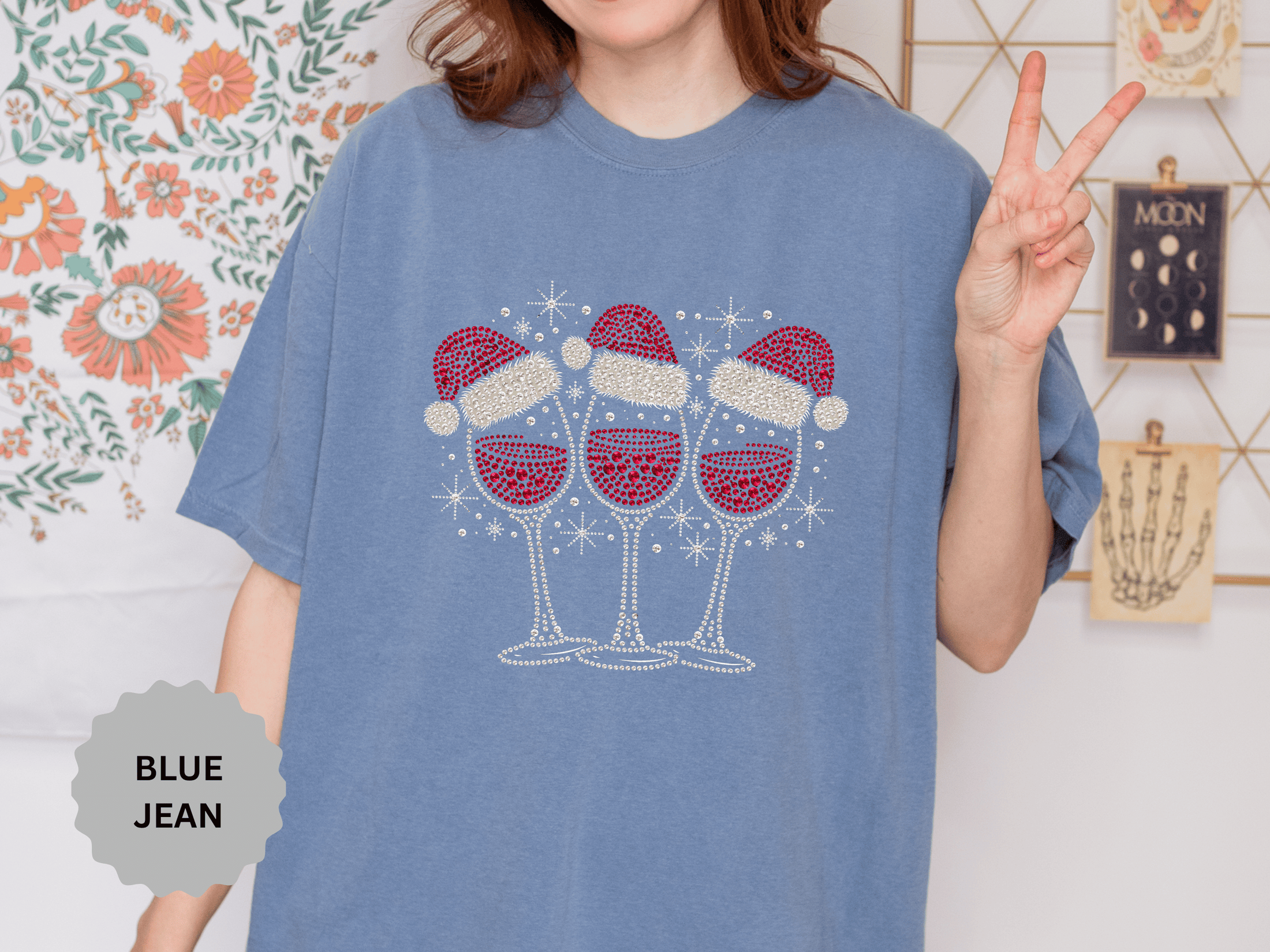 Christmas Wine Glass Shirt, Rhinestone Style Santa Hat T-Shirt, Sparkly Holiday Party Tee, Gift for Wine Lover or Girls Christmas Night