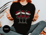Christmas Wine Glass Shirt, Rhinestone Style Santa Hat T-Shirt, Sparkly Holiday Party Tee, Gift for Wine Lover or Girls Christmas Night