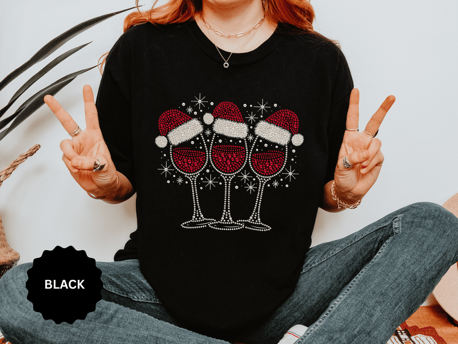 Christmas Wine Glass Shirt, Rhinestone Style Santa Hat T-Shirt, Sparkly Holiday Party Tee, Gift for Wine Lover or Girls Christmas Night