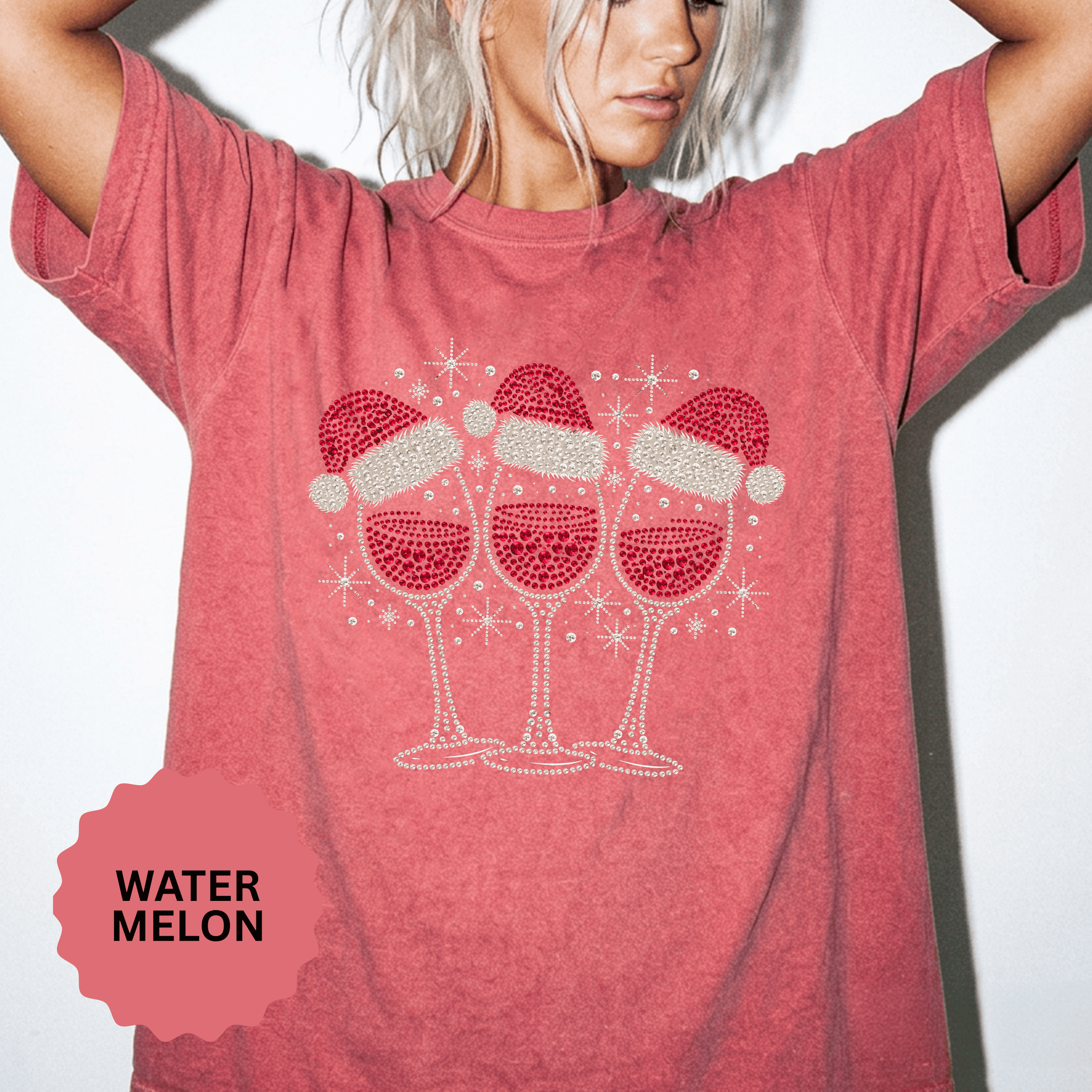Christmas Wine Glass Shirt, Rhinestone Style Santa Hat T-Shirt, Sparkly Holiday Party Tee, Gift for Wine Lover or Girls Christmas Night