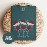 Christmas Wine Glass Shirt, Rhinestone Style Santa Hat T-Shirt, Sparkly Holiday Party Tee, Gift for Wine Lover or Girls Christmas Night