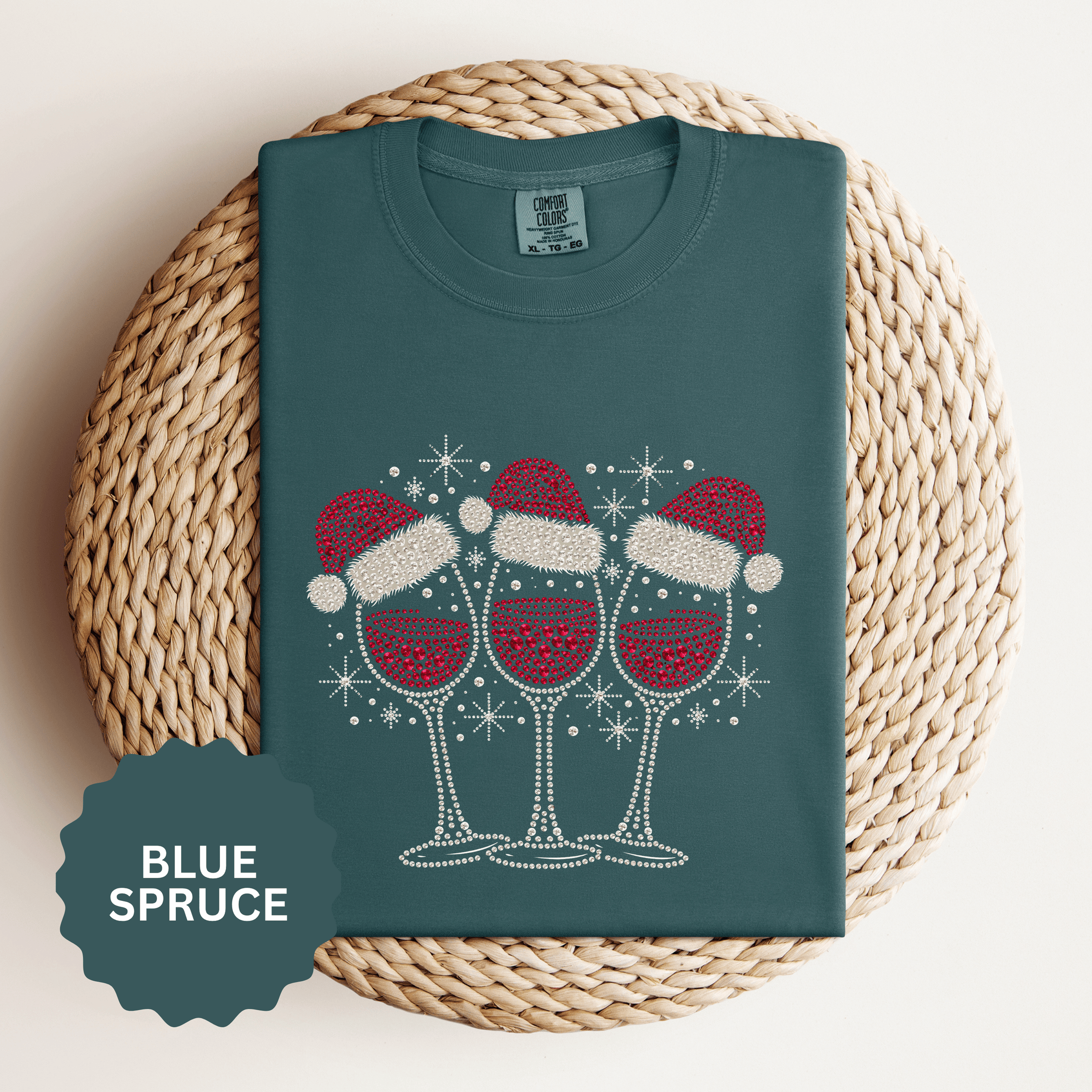Christmas Wine Glass Shirt, Rhinestone Style Santa Hat T-Shirt, Sparkly Holiday Party Tee, Gift for Wine Lover or Girls Christmas Night