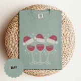 Christmas Wine Glass Shirt, Rhinestone Style Santa Hat T-Shirt, Sparkly Holiday Party Tee, Gift for Wine Lover or Girls Christmas Night