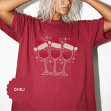 Christmas Wine Glass Shirt, Rhinestone Style Santa Hat T-Shirt, Sparkly Holiday Party Tee, Gift for Wine Lover or Girls Christmas Night