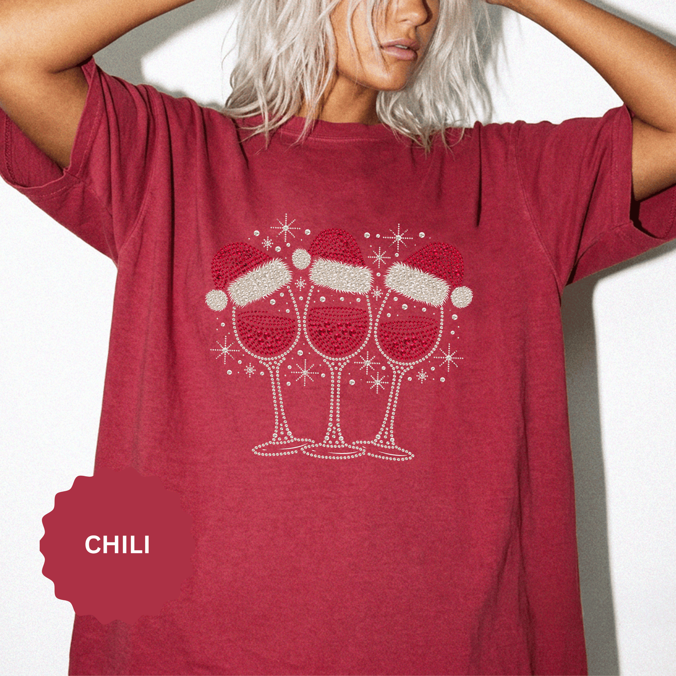 Christmas Wine Glass Shirt, Rhinestone Style Santa Hat T-Shirt, Sparkly Holiday Party Tee, Gift for Wine Lover or Girls Christmas Night