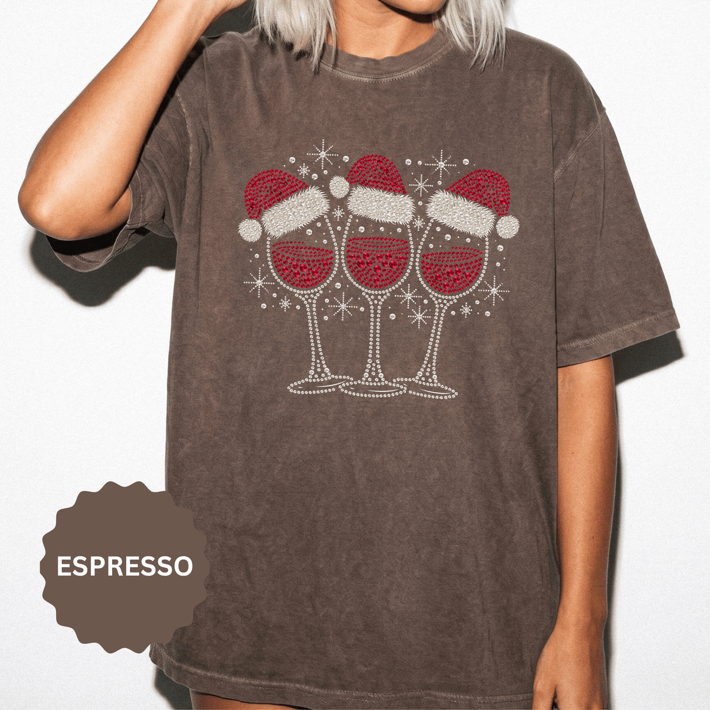Christmas Wine Glass Shirt, Rhinestone Style Santa Hat T-Shirt, Sparkly Holiday Party Tee, Gift for Wine Lover or Girls Christmas Night