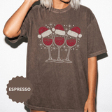 Christmas Wine Glass Shirt, Rhinestone Style Santa Hat T-Shirt, Sparkly Holiday Party Tee, Gift for Wine Lover or Girls Christmas Night