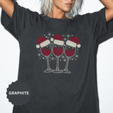 Christmas Wine Glass Shirt, Rhinestone Style Santa Hat T-Shirt, Sparkly Holiday Party Tee, Gift for Wine Lover or Girls Christmas Night