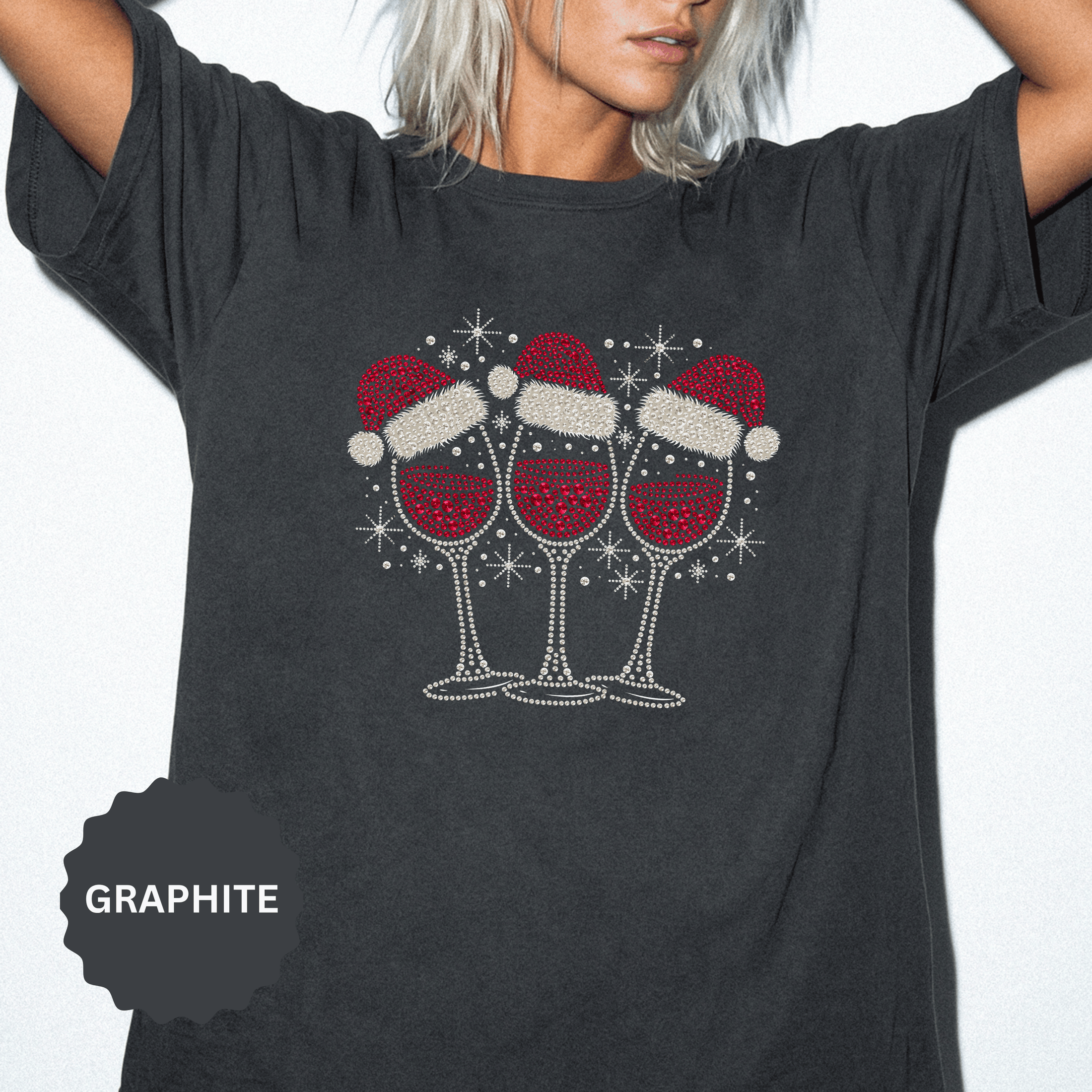 Christmas Wine Glass Shirt, Rhinestone Style Santa Hat T-Shirt, Sparkly Holiday Party Tee, Gift for Wine Lover or Girls Christmas Night