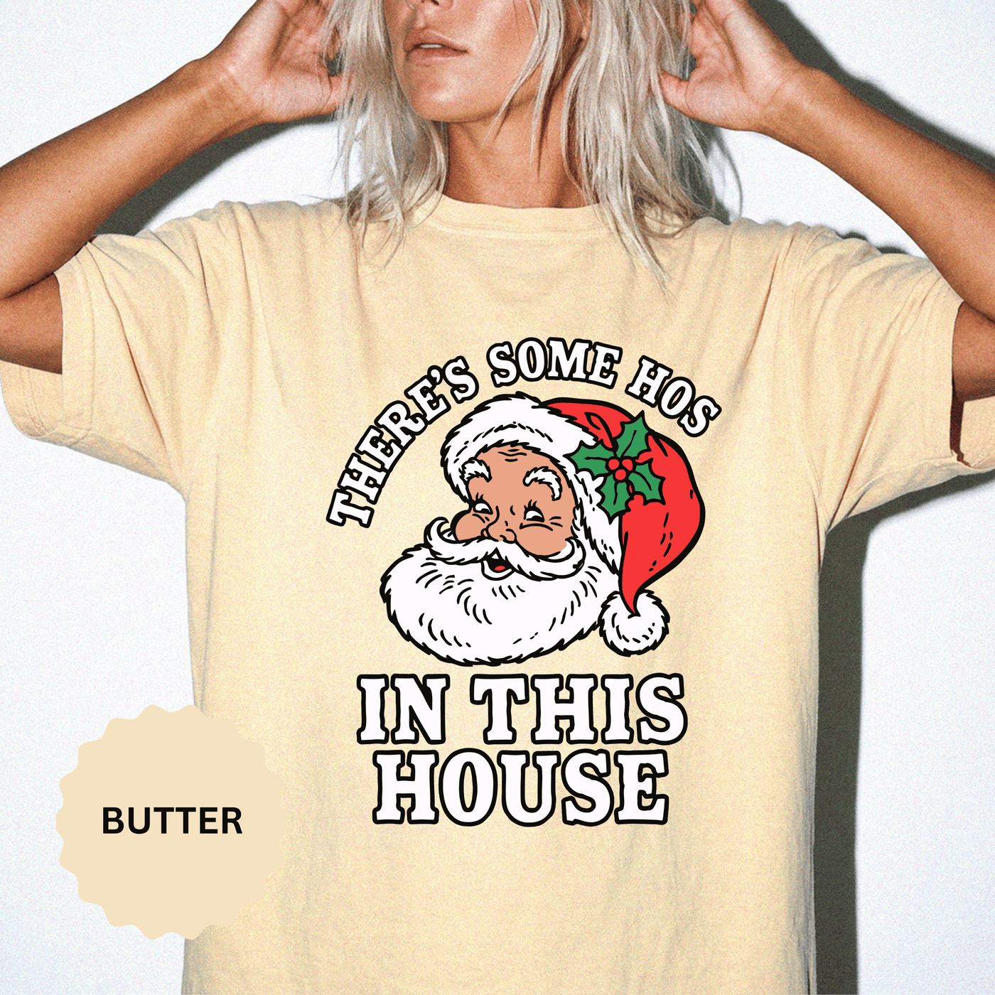 There's Some Ho's in This House Shirt, Funny Santa Christmas T-Shirt, Adult Holiday Party Tee, Naughty Xmas Gift for Friends or Family