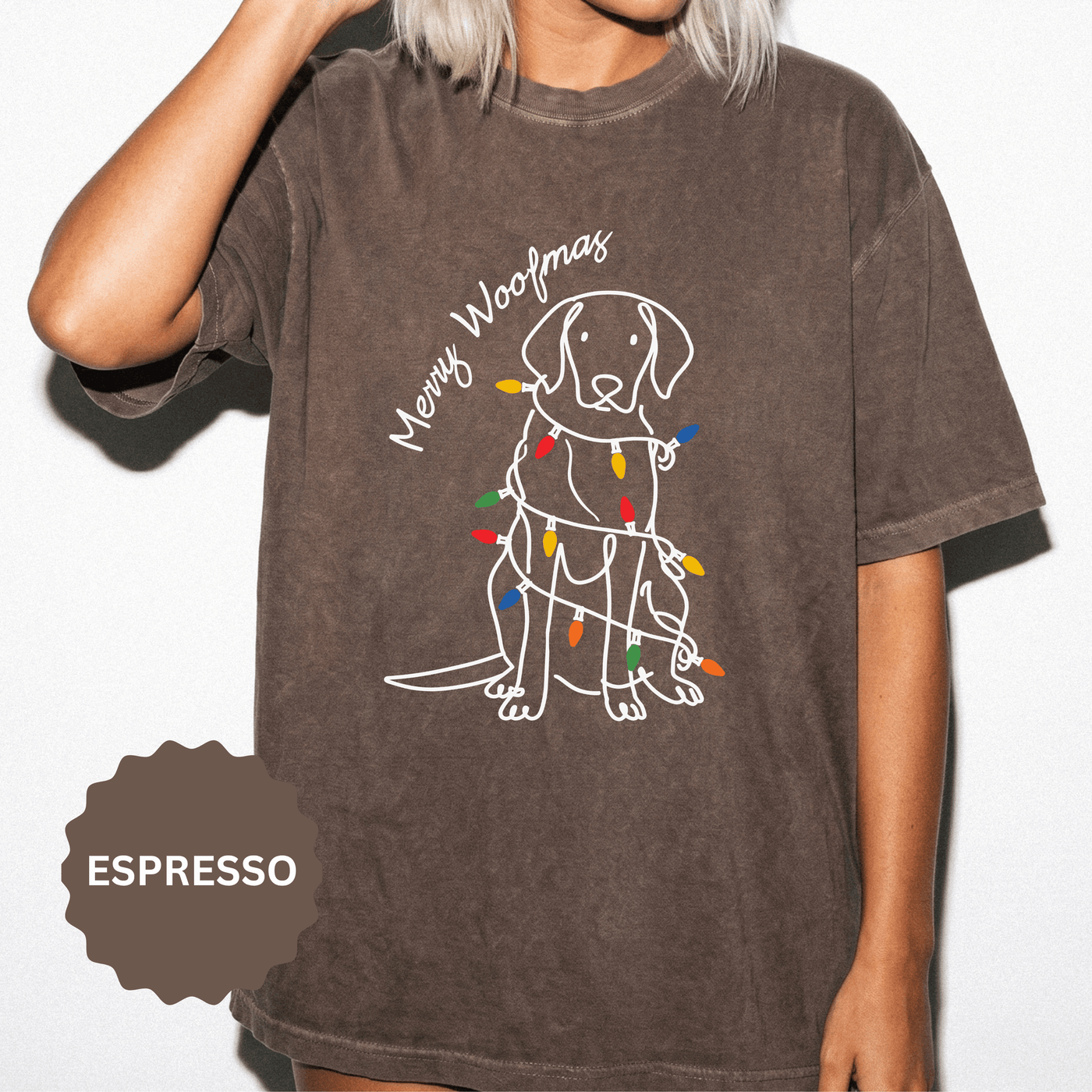 Merry Woofmas Dog Shirt, Funny Christmas Puppy T-Shirt, Holiday Lights Pet Lover Tee, Cute Gift for Dog Mom, Dog Dad or Family Party