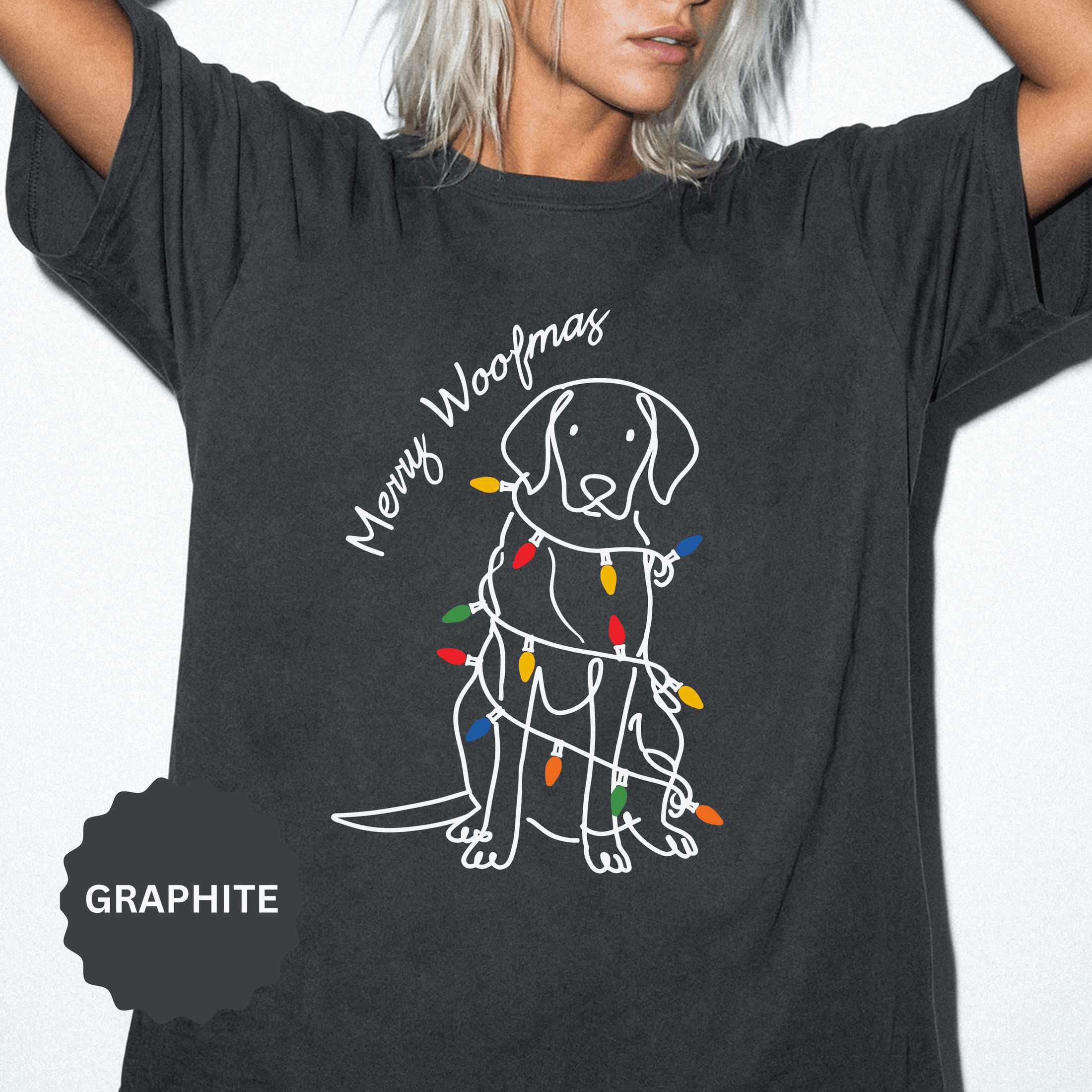 Merry Woofmas Dog Shirt, Funny Christmas Puppy T-Shirt, Holiday Lights Pet Lover Tee, Cute Gift for Dog Mom, Dog Dad or Family Party