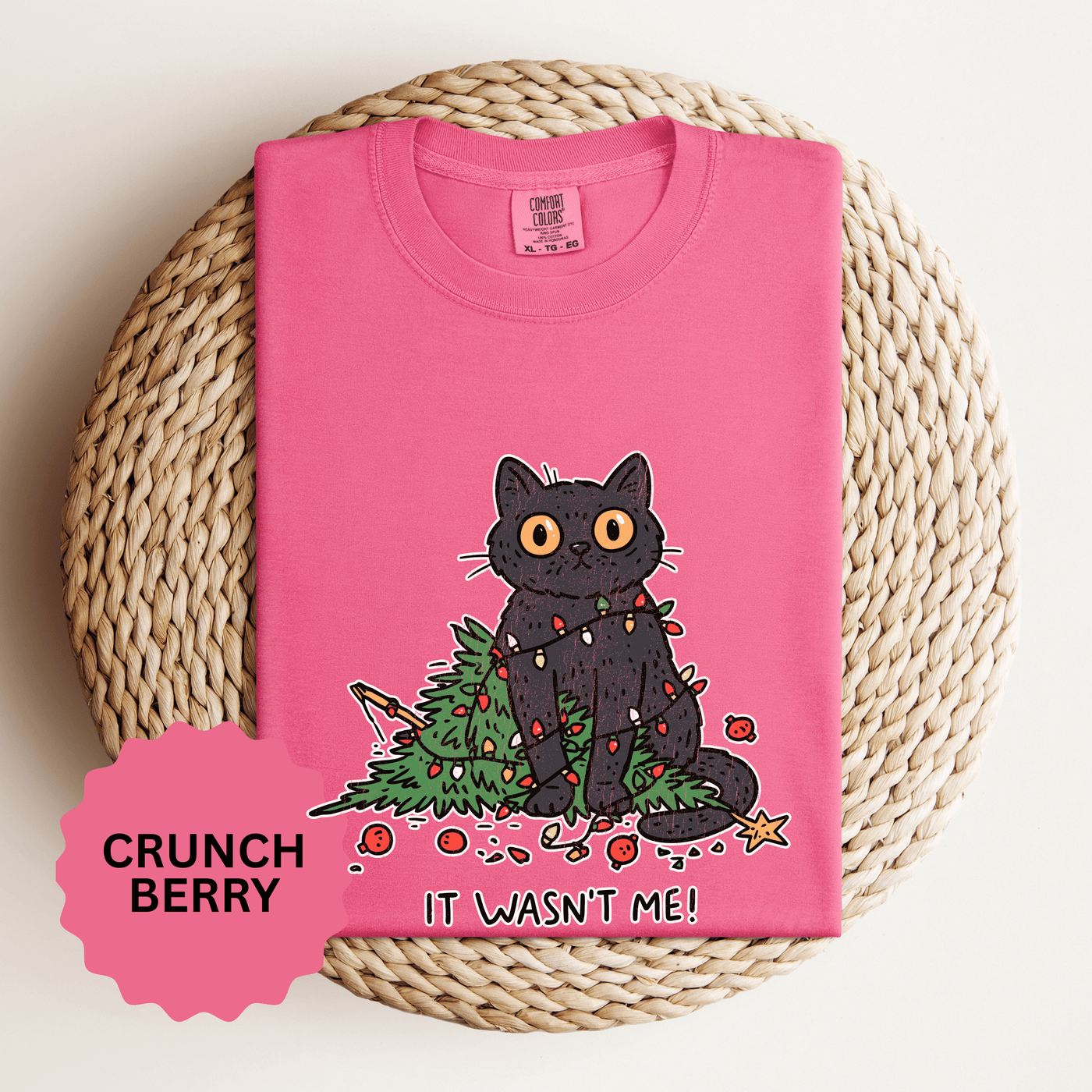 It Wasn't Me Black Cat Christmas Shirt, Funny Holiday T-Shirt, Mischievous Kitty Lights Tee, Gift for Cat Mom, Cat Dad, Christmas Party Top