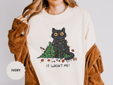 It Wasn't Me Black Cat Christmas Shirt, Funny Holiday T-Shirt, Mischievous Kitty Lights Tee, Gift for Cat Mom, Cat Dad, Christmas Party Top