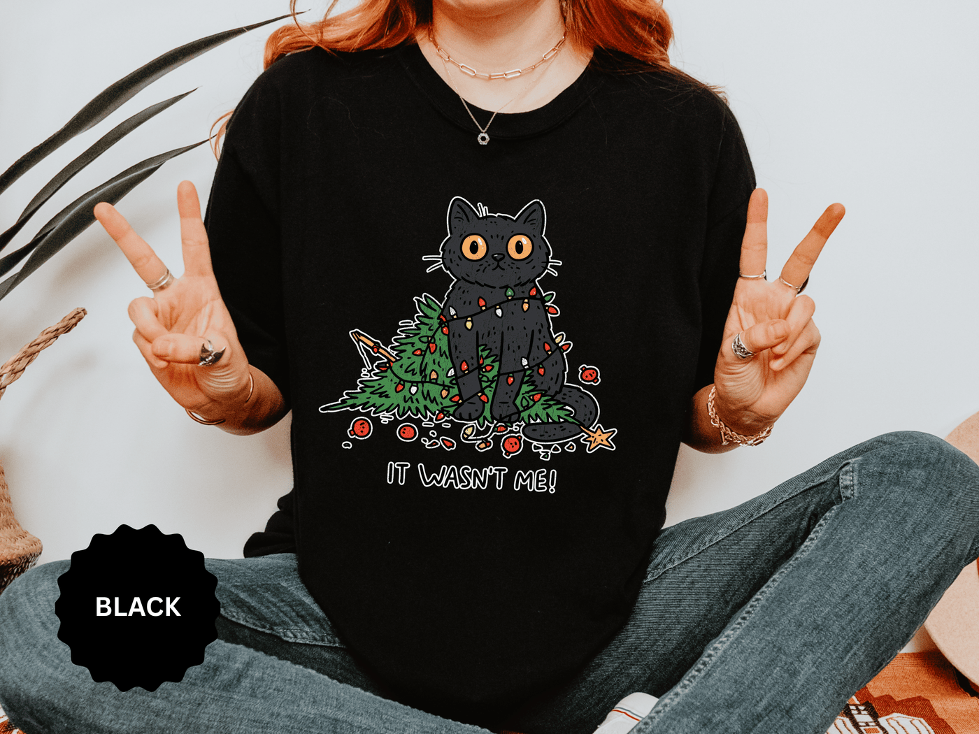 It Wasn't Me Black Cat Christmas Shirt, Funny Holiday T-Shirt, Mischievous Kitty Lights Tee, Gift for Cat Mom, Cat Dad, Christmas Party Top
