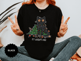It Wasn't Me Black Cat Christmas Shirt, Funny Holiday T-Shirt, Mischievous Kitty Lights Tee, Gift for Cat Mom, Cat Dad, Christmas Party Top