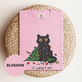 It Wasn't Me Black Cat Christmas Shirt, Funny Holiday T-Shirt, Mischievous Kitty Lights Tee, Gift for Cat Mom, Cat Dad, Christmas Party Top
