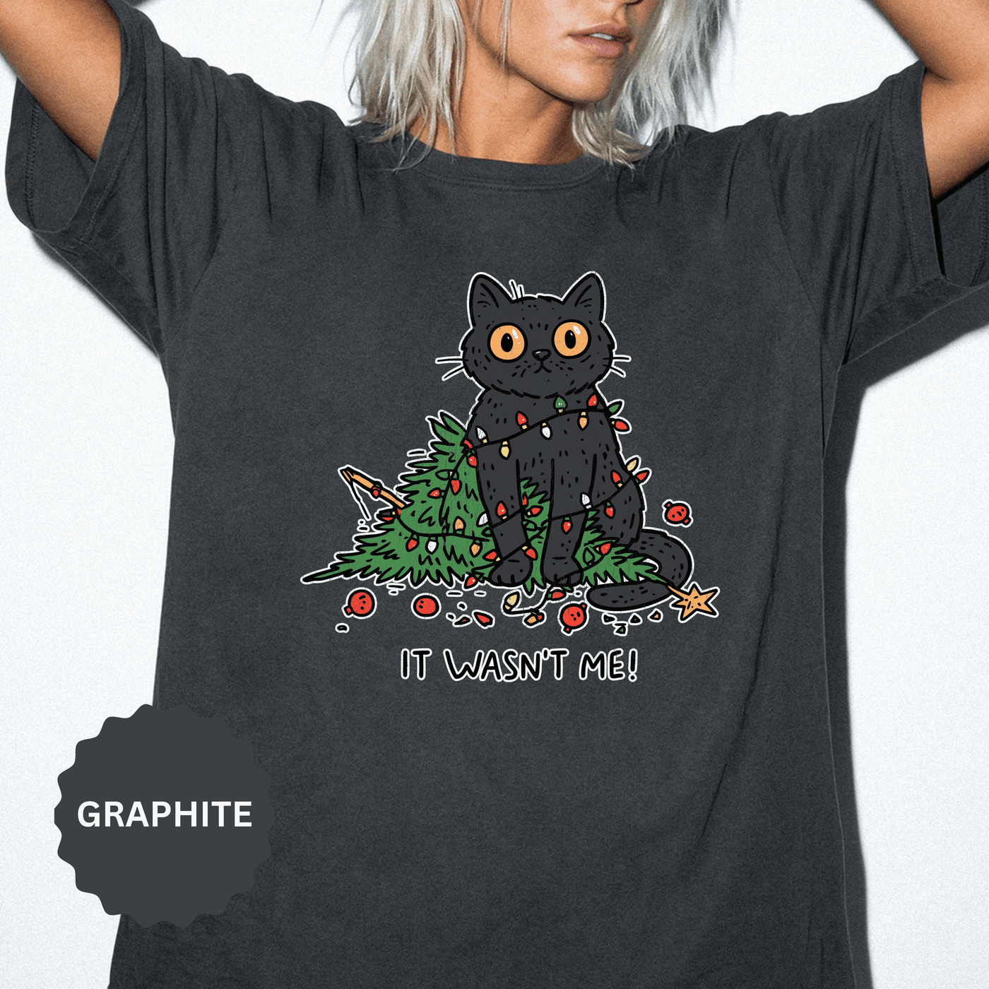 It Wasn't Me Black Cat Christmas Shirt, Funny Holiday T-Shirt, Mischievous Kitty Lights Tee, Gift for Cat Mom, Cat Dad, Christmas Party Top