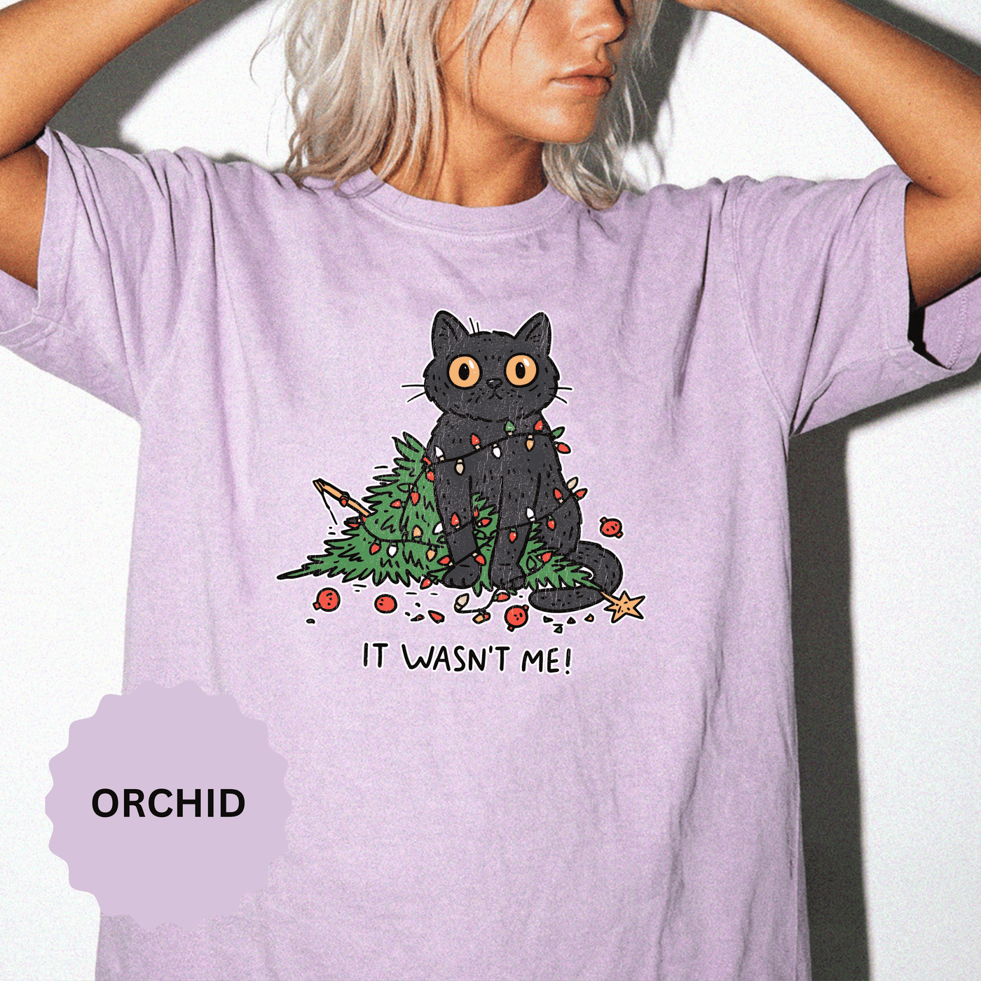 It Wasn't Me Black Cat Christmas Shirt, Funny Holiday T-Shirt, Mischievous Kitty Lights Tee, Gift for Cat Mom, Cat Dad, Christmas Party Top