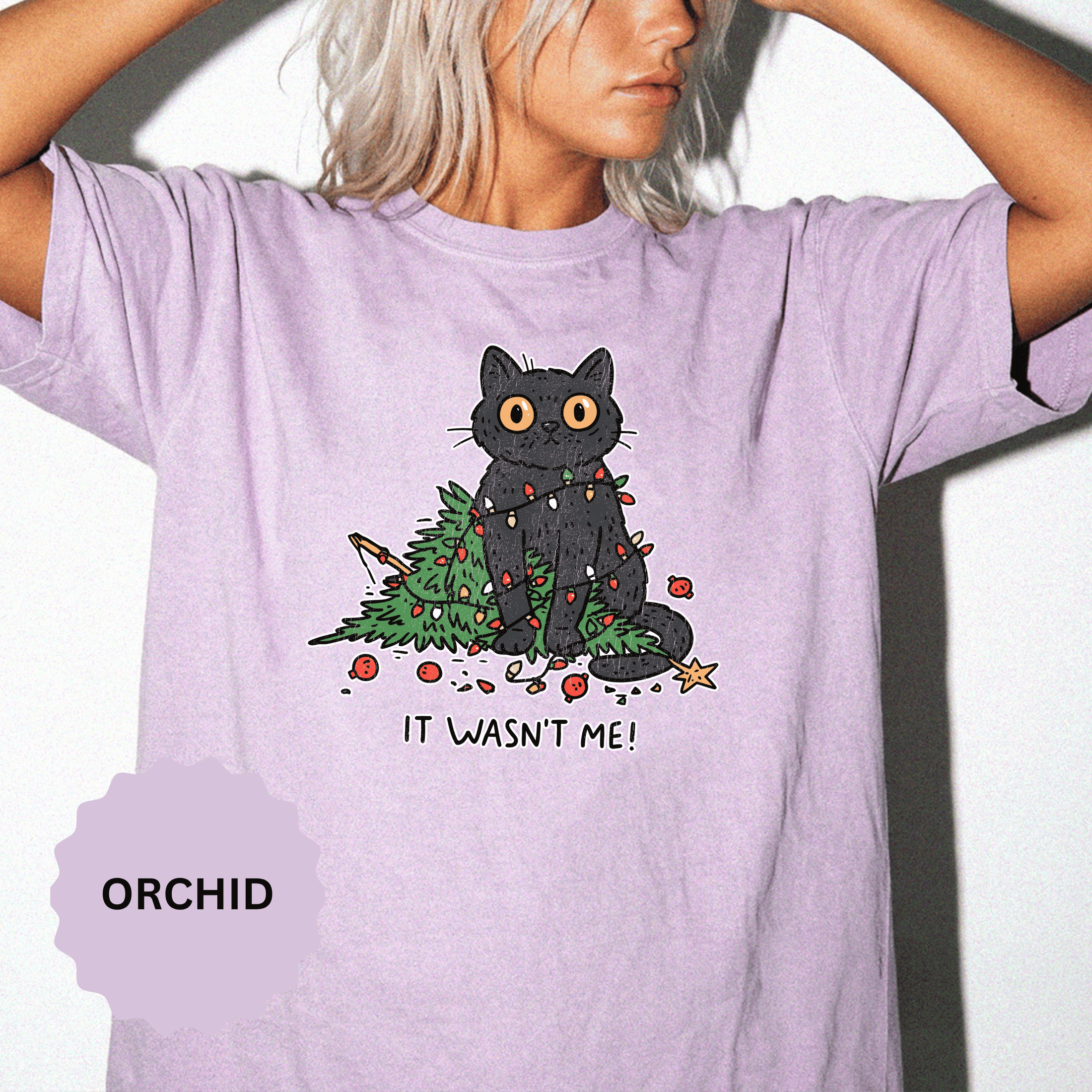 It Wasn't Me Black Cat Christmas Shirt, Funny Holiday T-Shirt, Mischievous Kitty Lights Tee, Gift for Cat Mom, Cat Dad, Christmas Party Top
