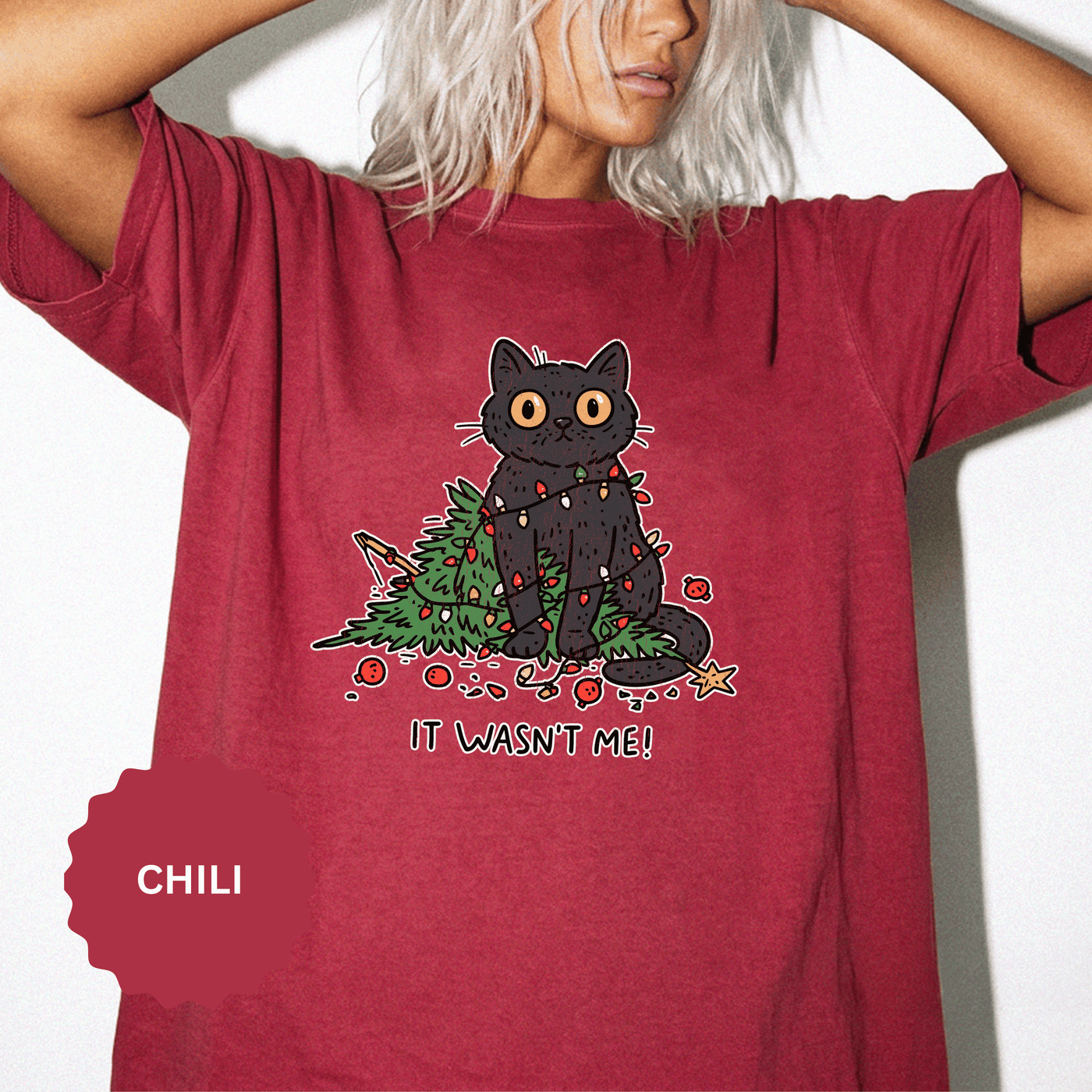 It Wasn't Me Black Cat Christmas Shirt, Funny Holiday T-Shirt, Mischievous Kitty Lights Tee, Gift for Cat Mom, Cat Dad, Christmas Party Top