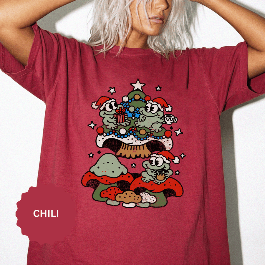 Christmas Frog Shirt, Cute Holiday T-Shirt with Frogs Mushrooms and Tree, Whimsical Cottagecore Tee, Gift for Frog Lover or Friend