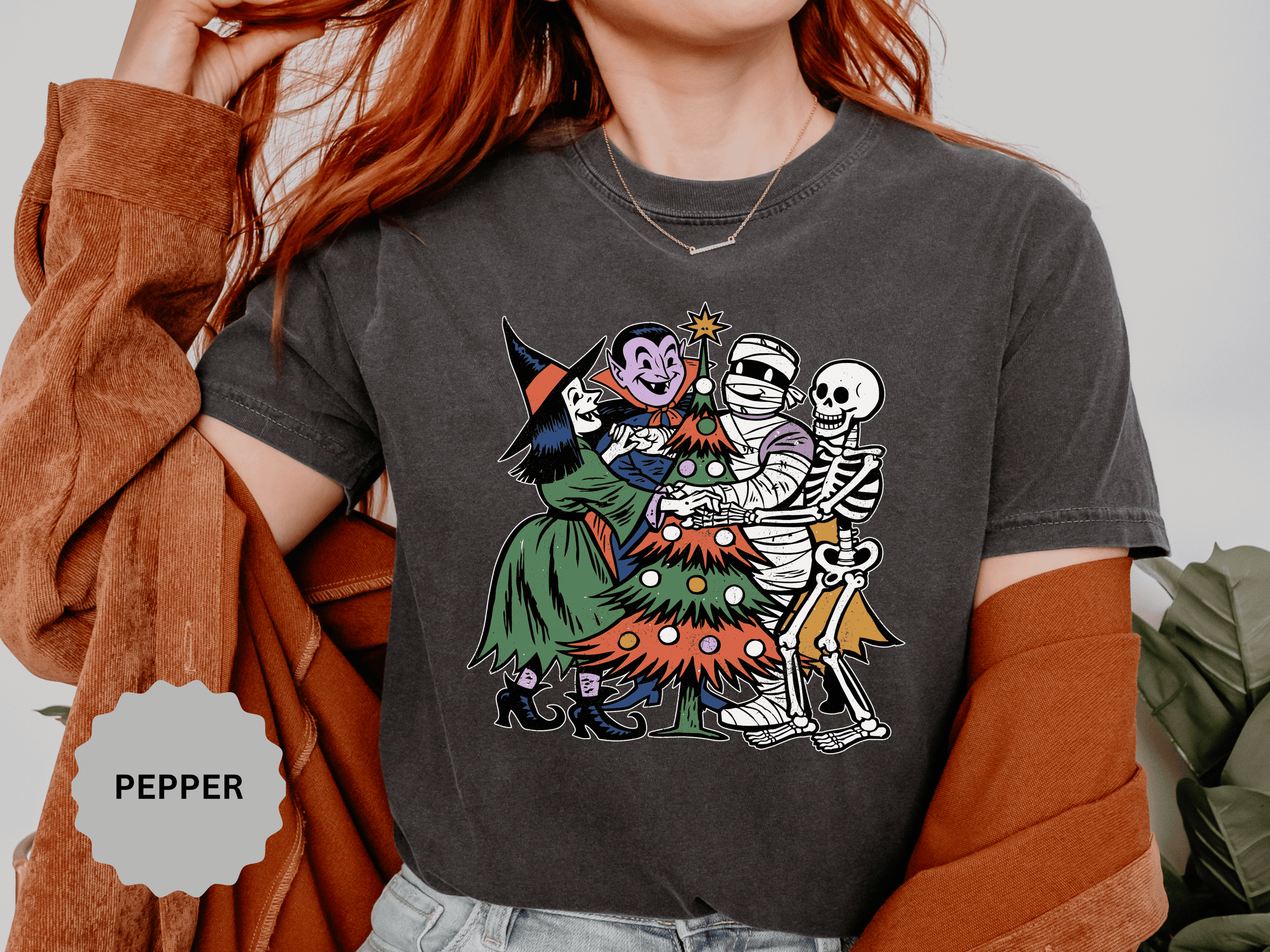 Spooky Christmas Shirt, Halloween Holiday Mashup T-Shirt, Witch Vampire Mummy and Skeleton Tree Tee, Gothic Christmas Gift for Horror Fan